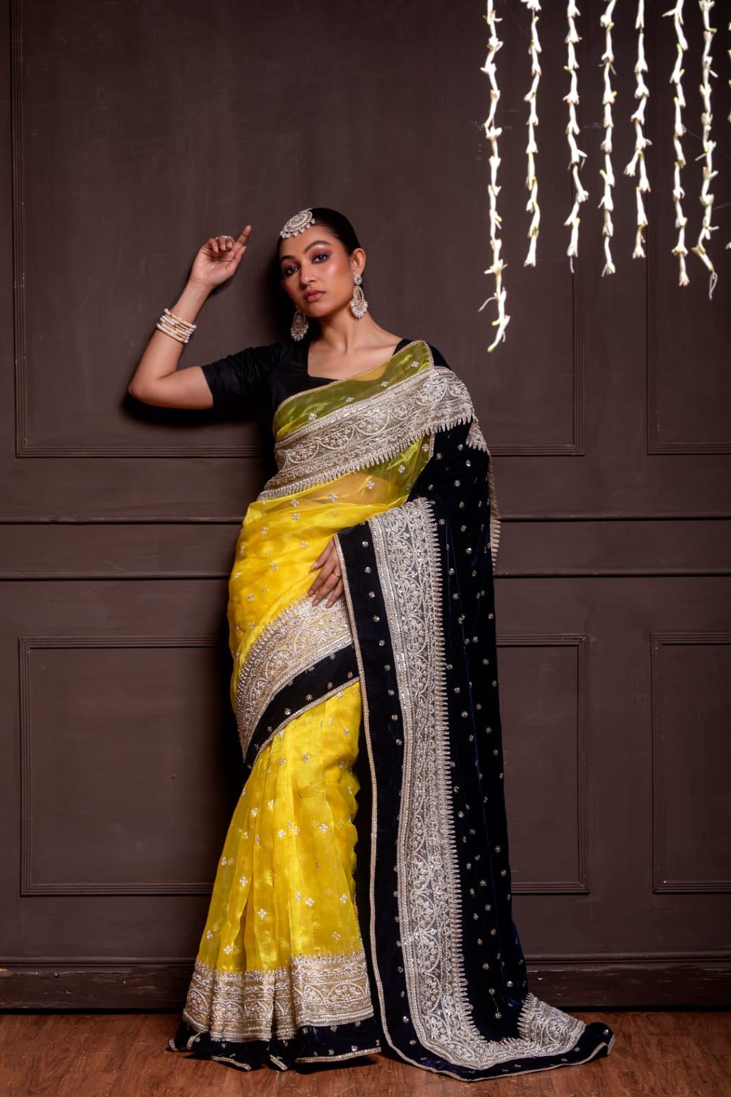 Artisanal Yellow Handwoven Saree with Luxurious Black Velvet Border and Intricate Silver Hand Embroidery