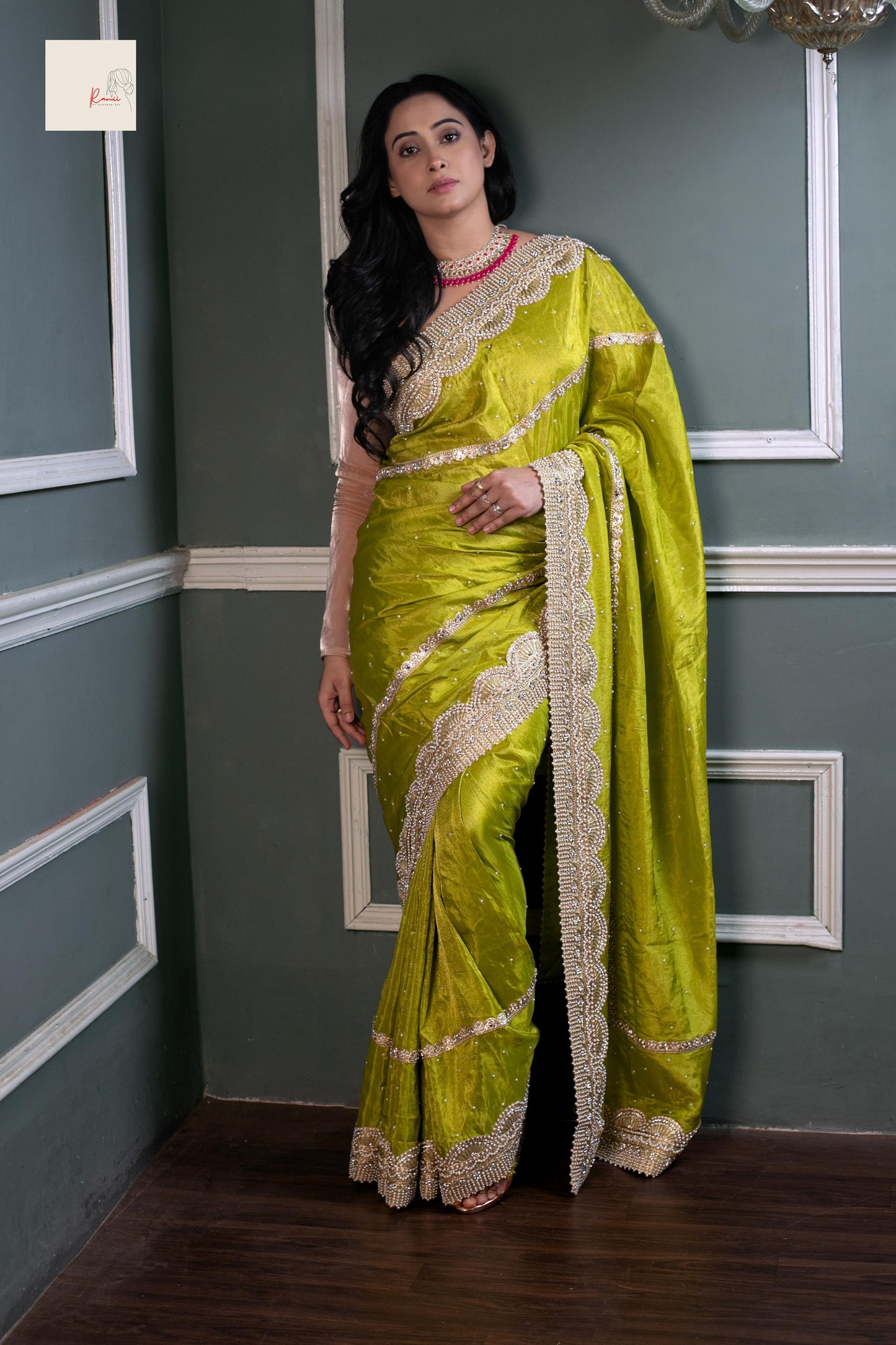 Lime Radiance Royale – Handcrafted Silk Saree with Luxe Beaded Detailing