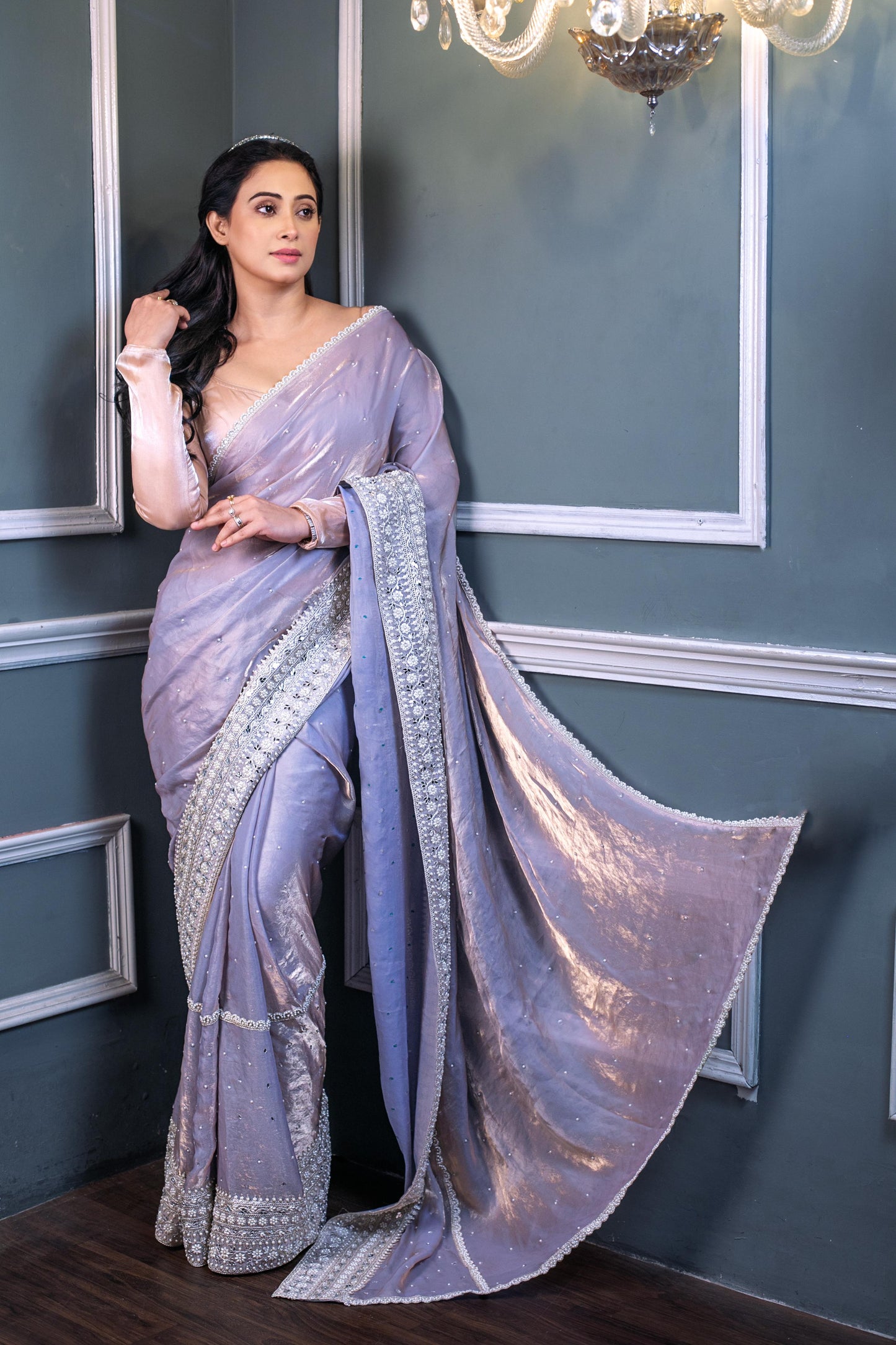 REGAL MOONLIGHT LAVENDER – Handcrafted Sequin & Pearl Embellished Silk Saree