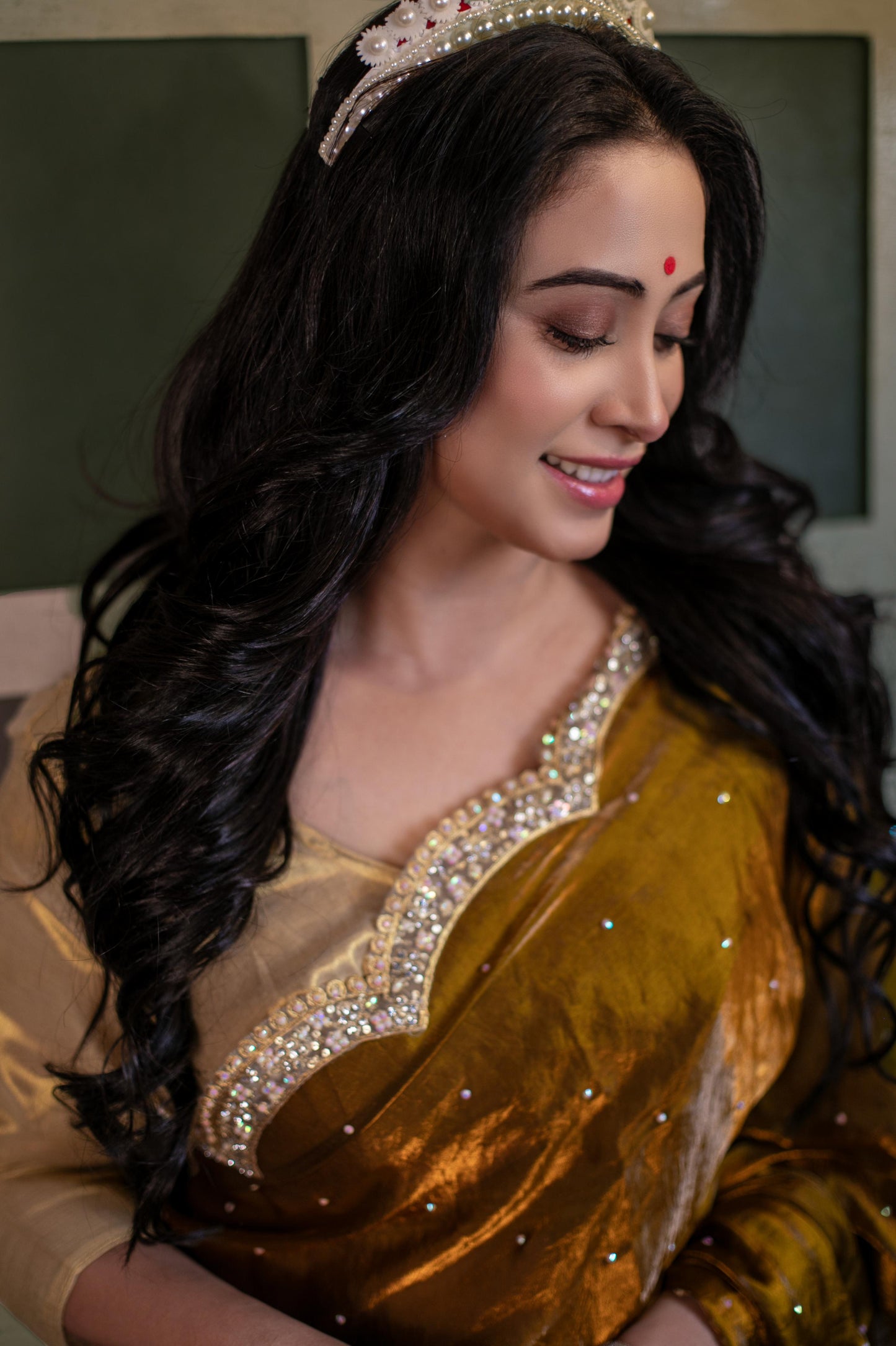 Regal Amber Luxe – Handcrafted Velvet Saree with Crystal Embellishments
