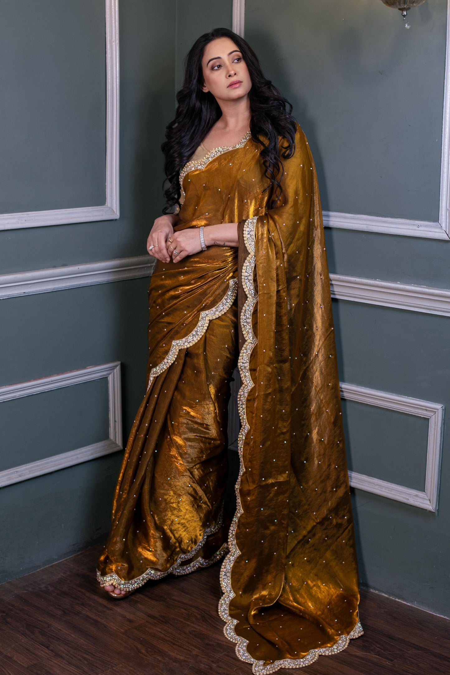 Regal Amber Luxe – Handcrafted Velvet Saree with Crystal Embellishments