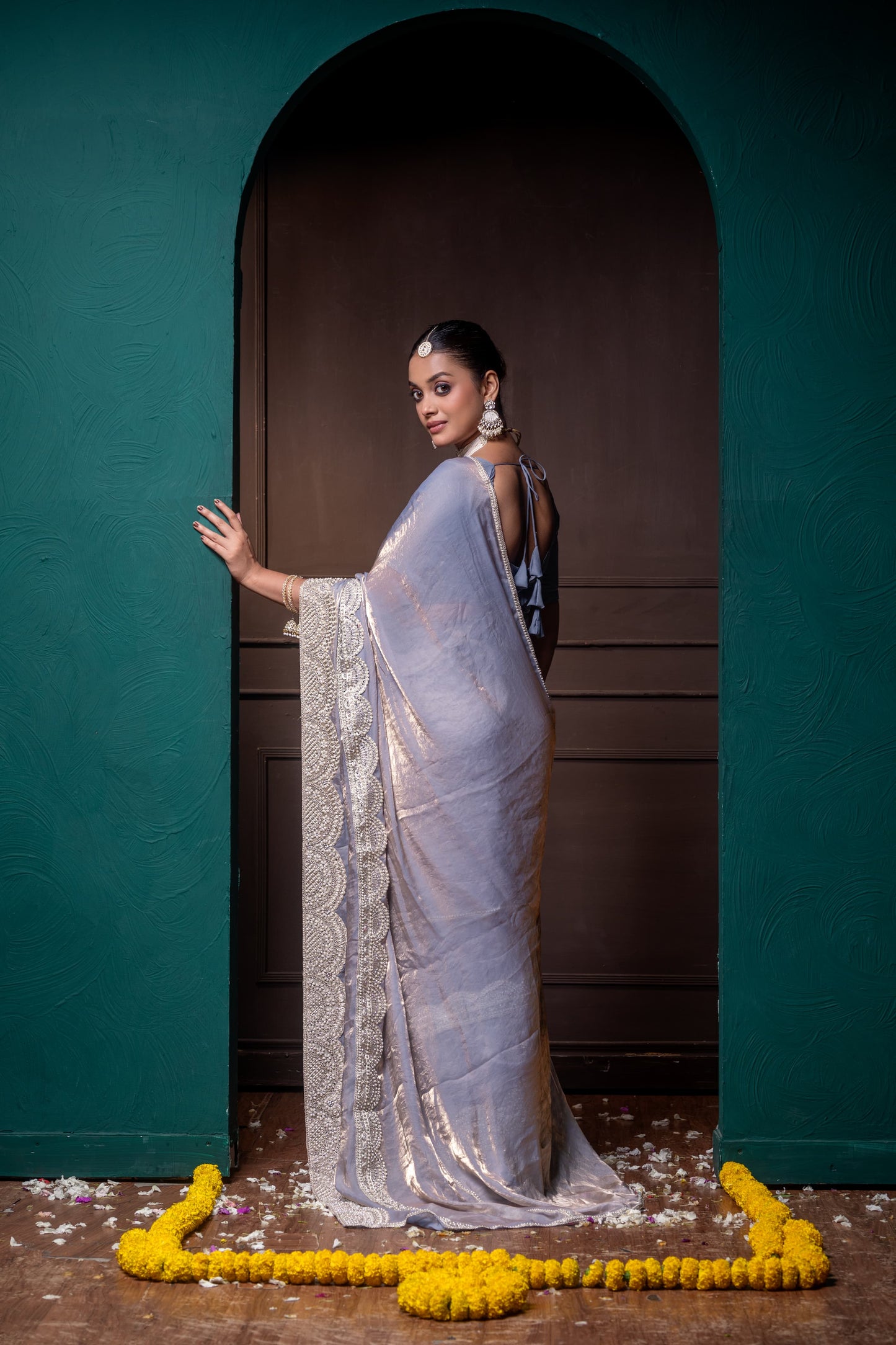Regal Silver Elegance Handcrafted Silk Saree with Intricate Detailing