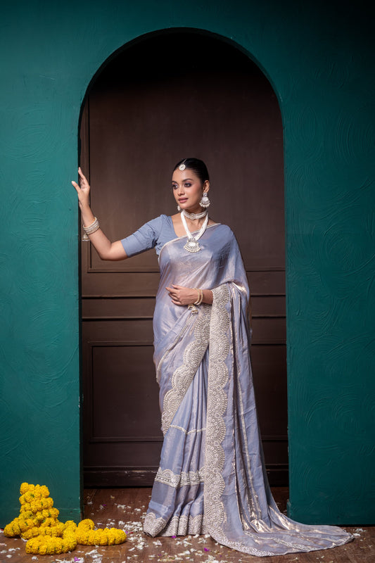 Regal Silver Elegance Handcrafted Silk Saree with Intricate Detailing