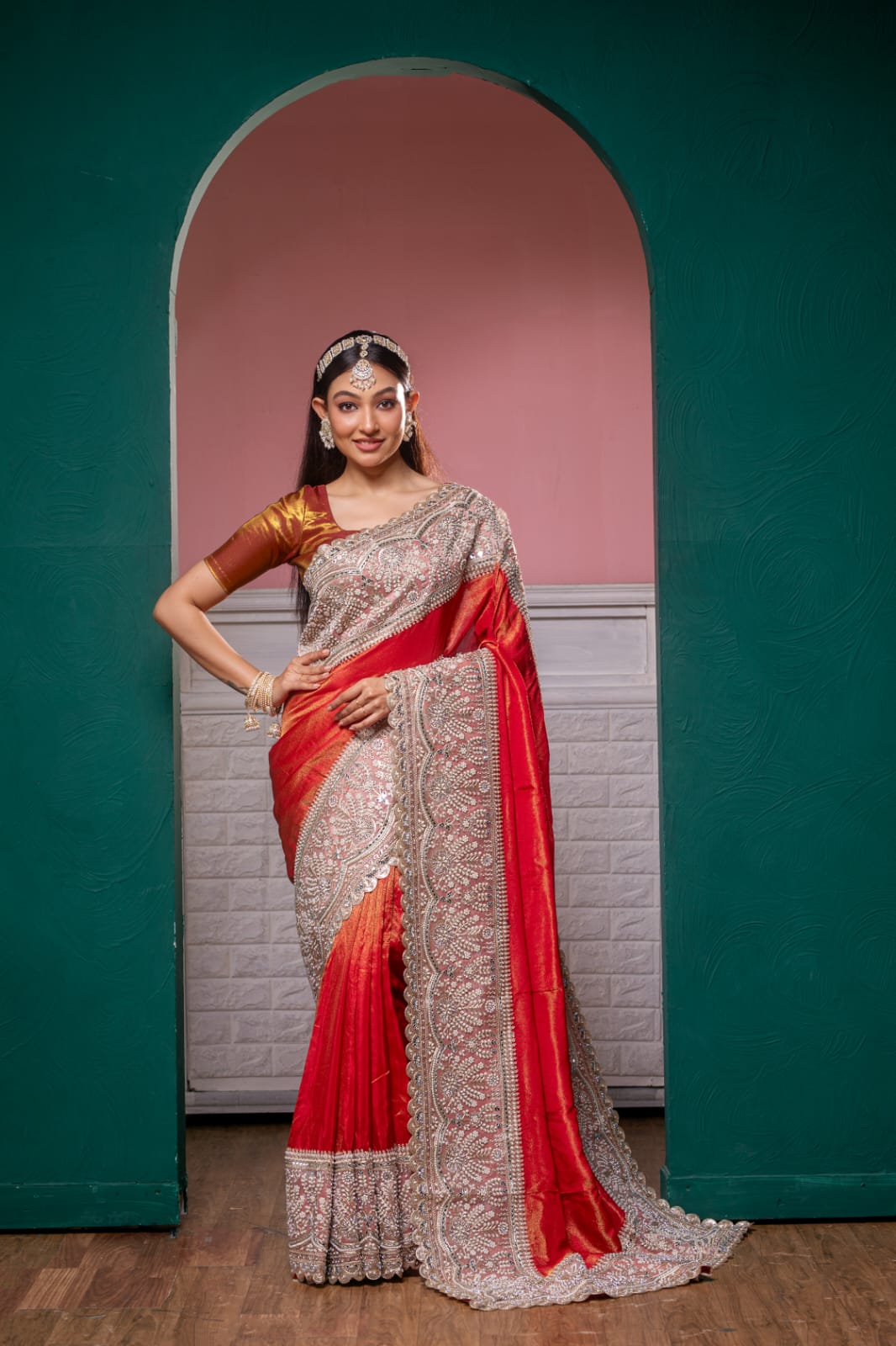 Emerald Red Royal Silk Saree – Handcrafted Elegance"
