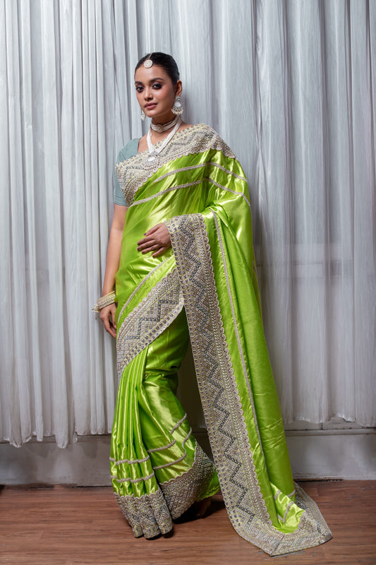 Luminous Lime Green Handcrafted Silk Saree with Intricate Embellishments
