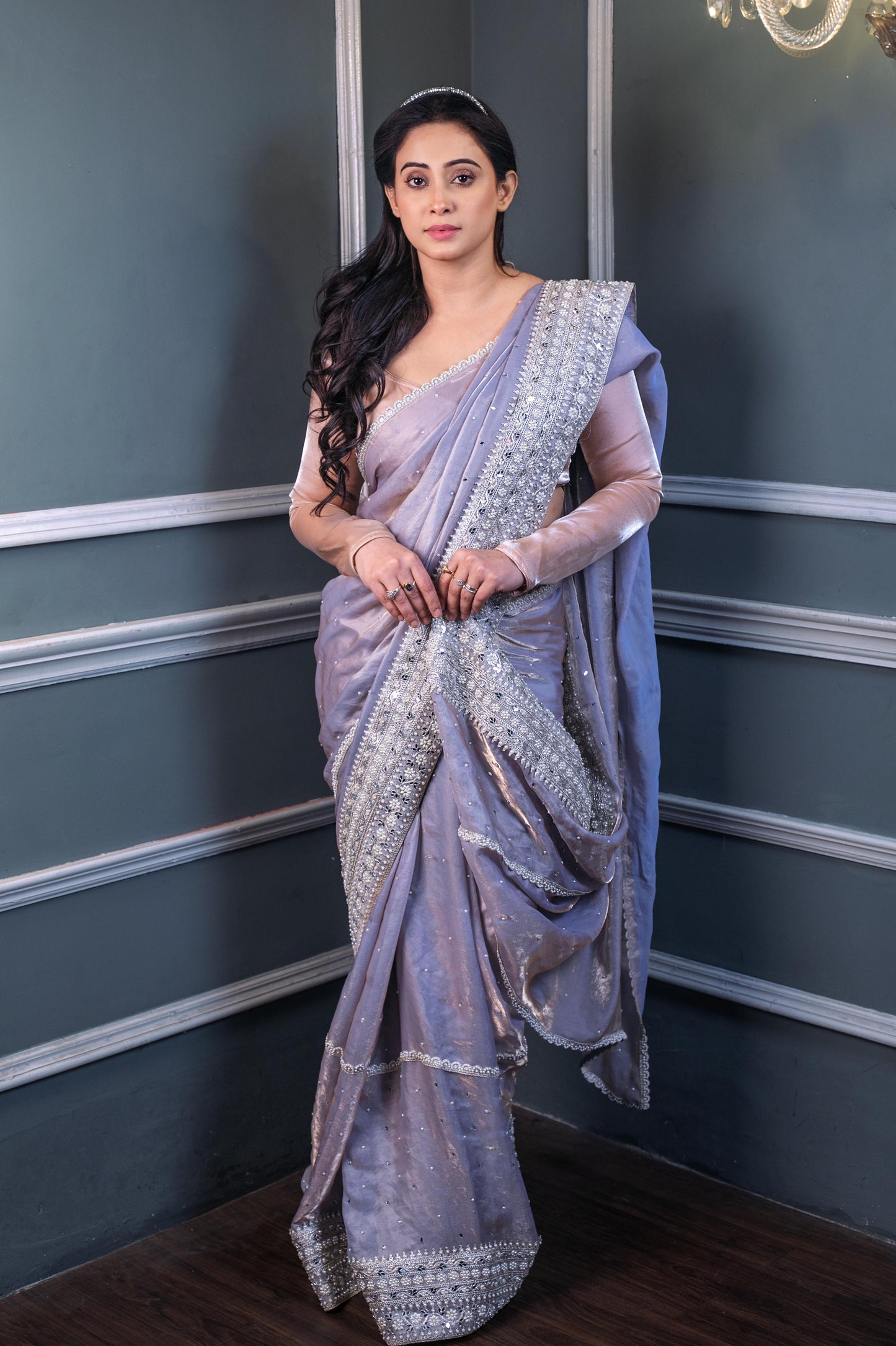 REGAL MOONLIGHT LAVENDER – Handcrafted Sequin & Pearl Embellished Silk Saree