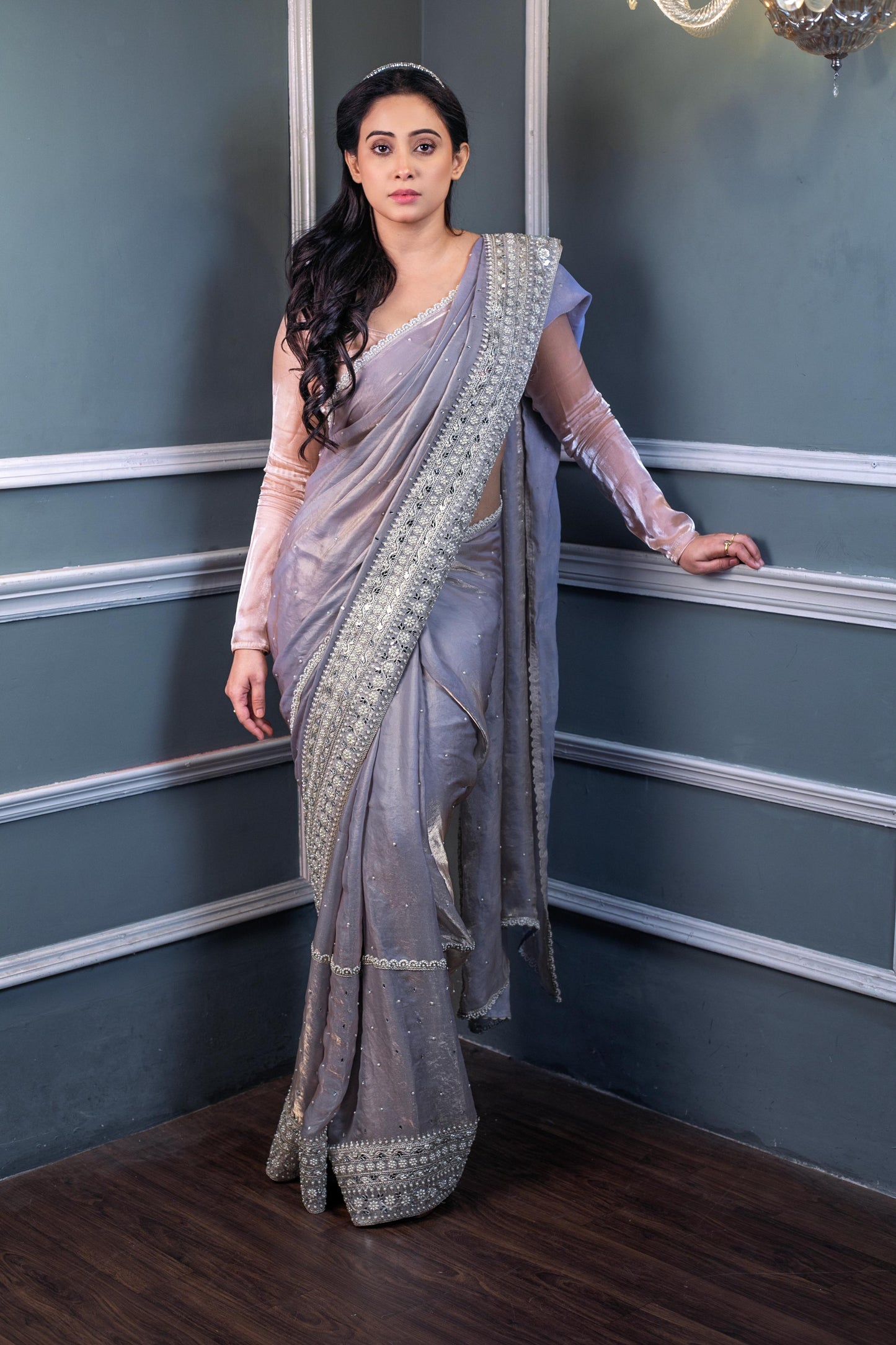 REGAL MOONLIGHT LAVENDER – Handcrafted Sequin & Pearl Embellished Silk Saree