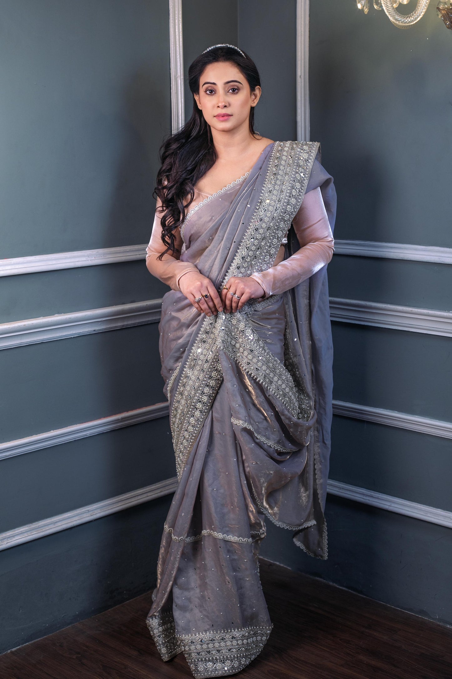 REGAL MOONLIGHT LAVENDER – Handcrafted Sequin & Pearl Embellished Silk Saree