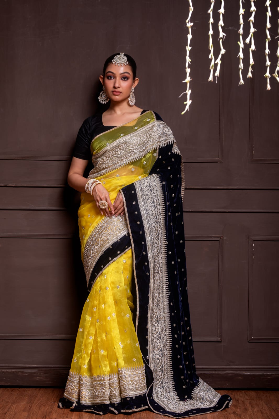 Artisanal Yellow Handwoven Saree with Luxurious Black Velvet Border and Intricate Silver Hand Embroidery
