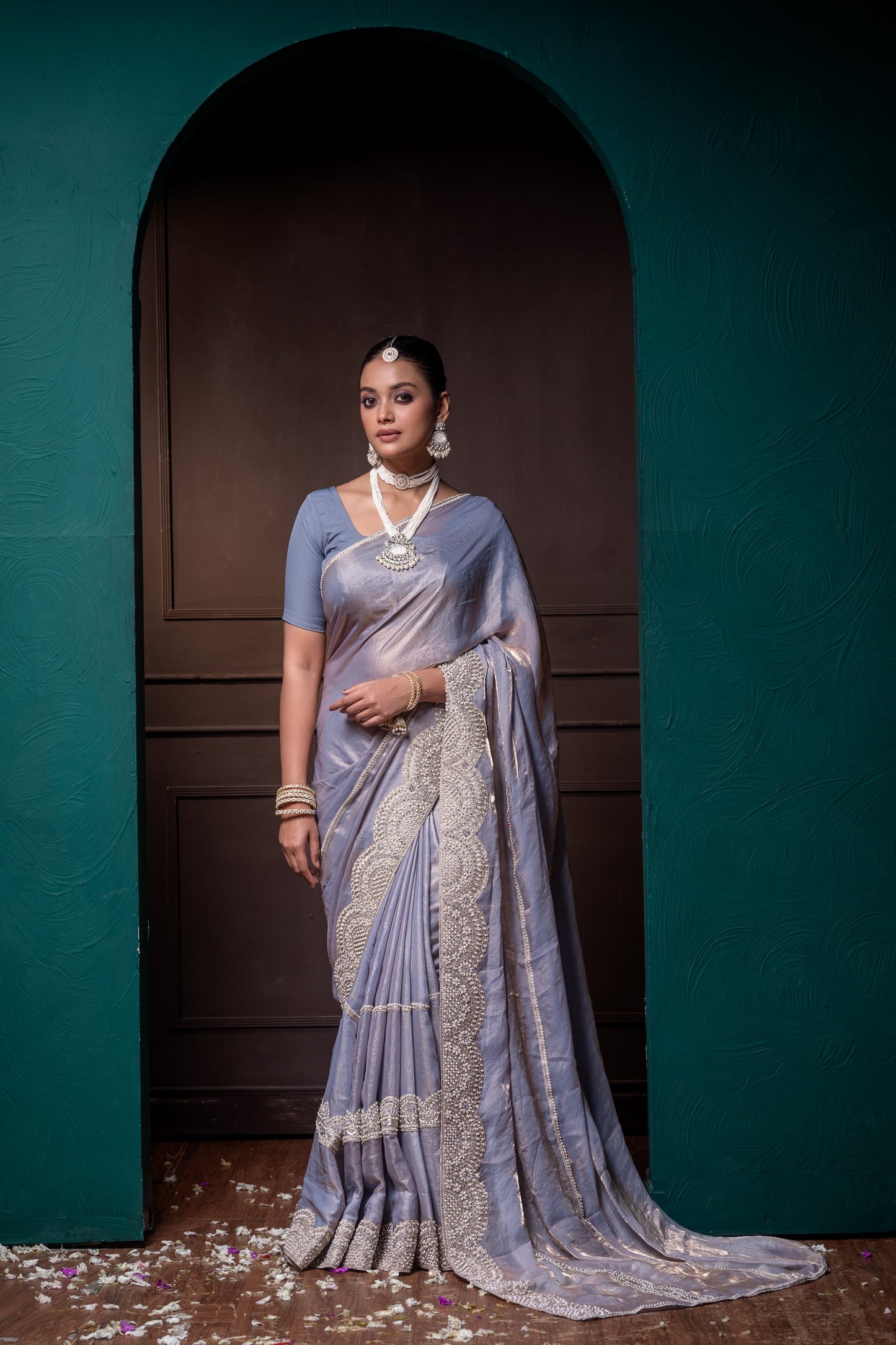 Regal Silver Elegance Handcrafted Silk Saree with Intricate Detailing