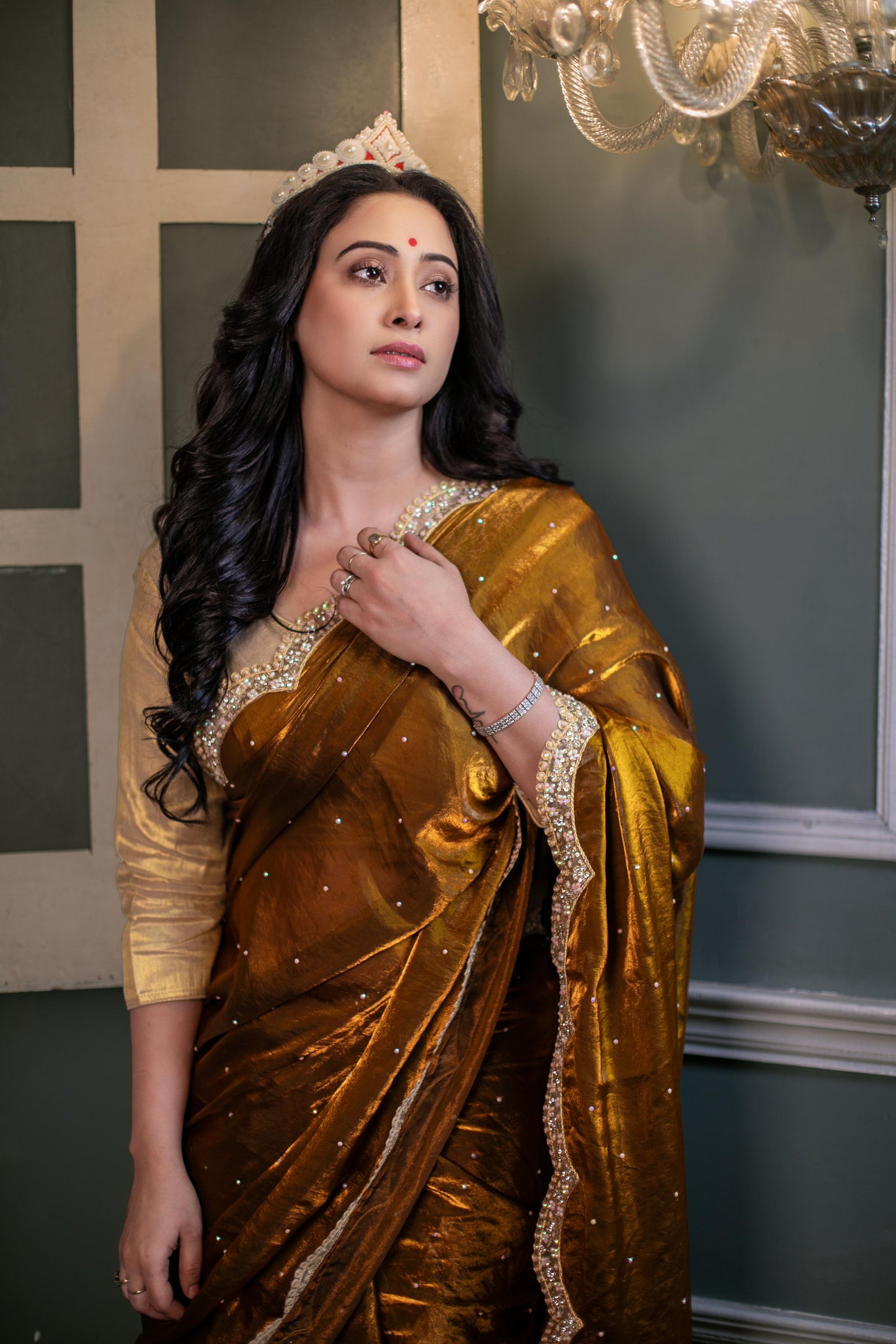 Regal Amber Luxe – Handcrafted Velvet Saree with Crystal Embellishments