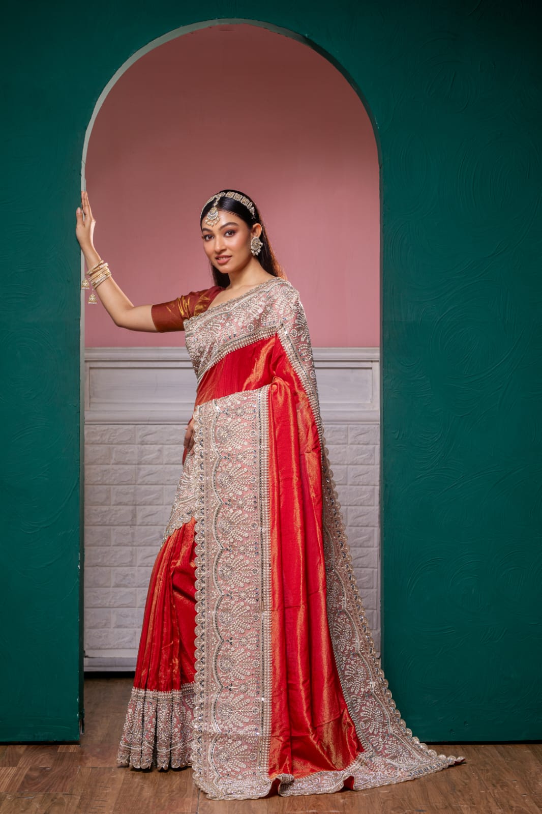 Emerald Red Royal Silk Saree – Handcrafted Elegance"
