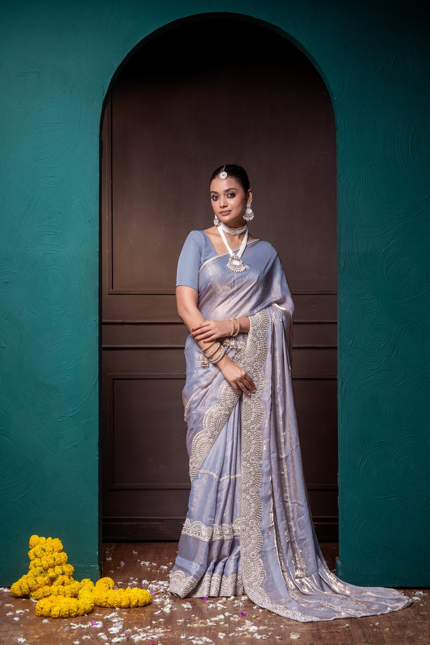 Regal Silver Elegance Handcrafted Silk Saree with Intricate Detailing