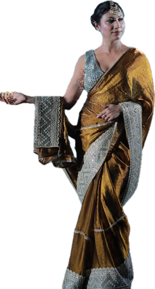 "Golden Elegance: Premium Handcrafted Designer Saree with Silver Embellishments"