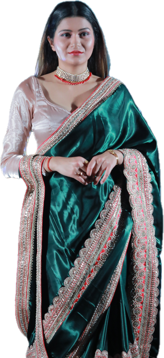 Luxury Green Velvet Saree with Intricate Embellished Border and Satin Blouse