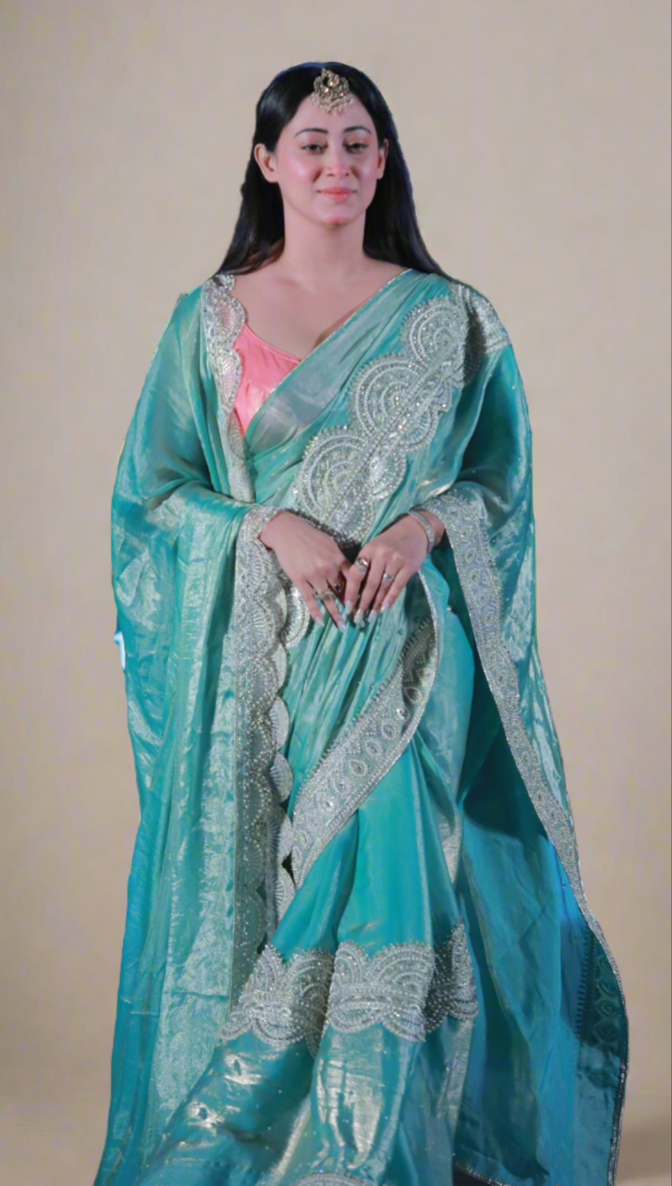 Graceful Aqua Green Embroidered Saree