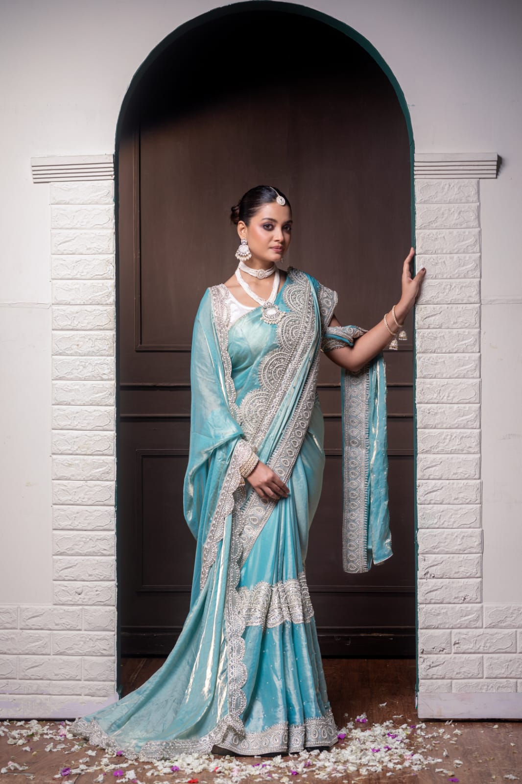 "Ethereal Aqua Royale Handcrafted Silk Saree – A Symphony of Grace & Elegance"