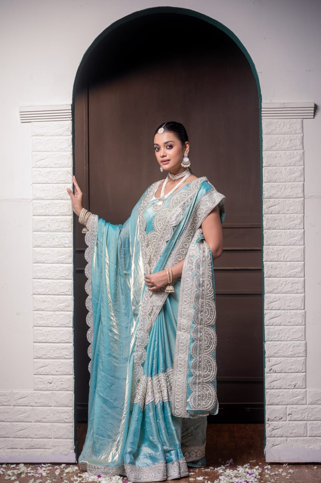 "Ethereal Aqua Royale Handcrafted Silk Saree – A Symphony of Grace & Elegance"
