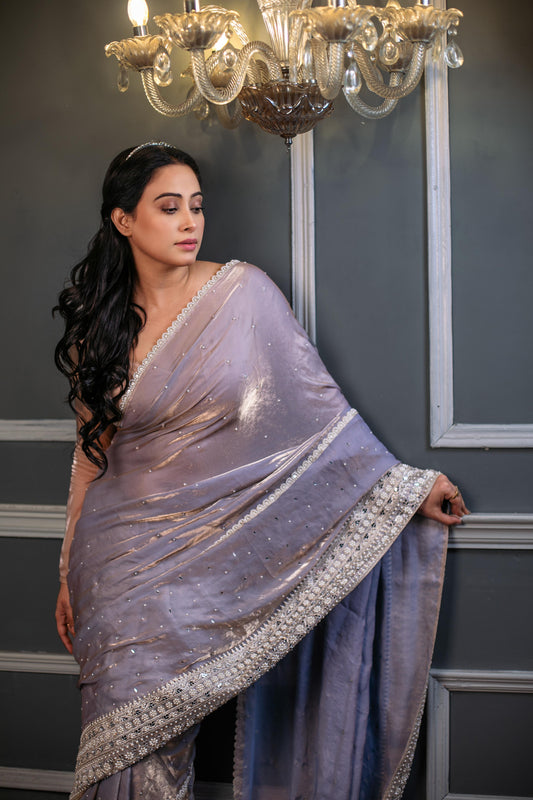 REGAL MOONLIGHT LAVENDER – Handcrafted Sequin & Pearl Embellished Silk Saree
