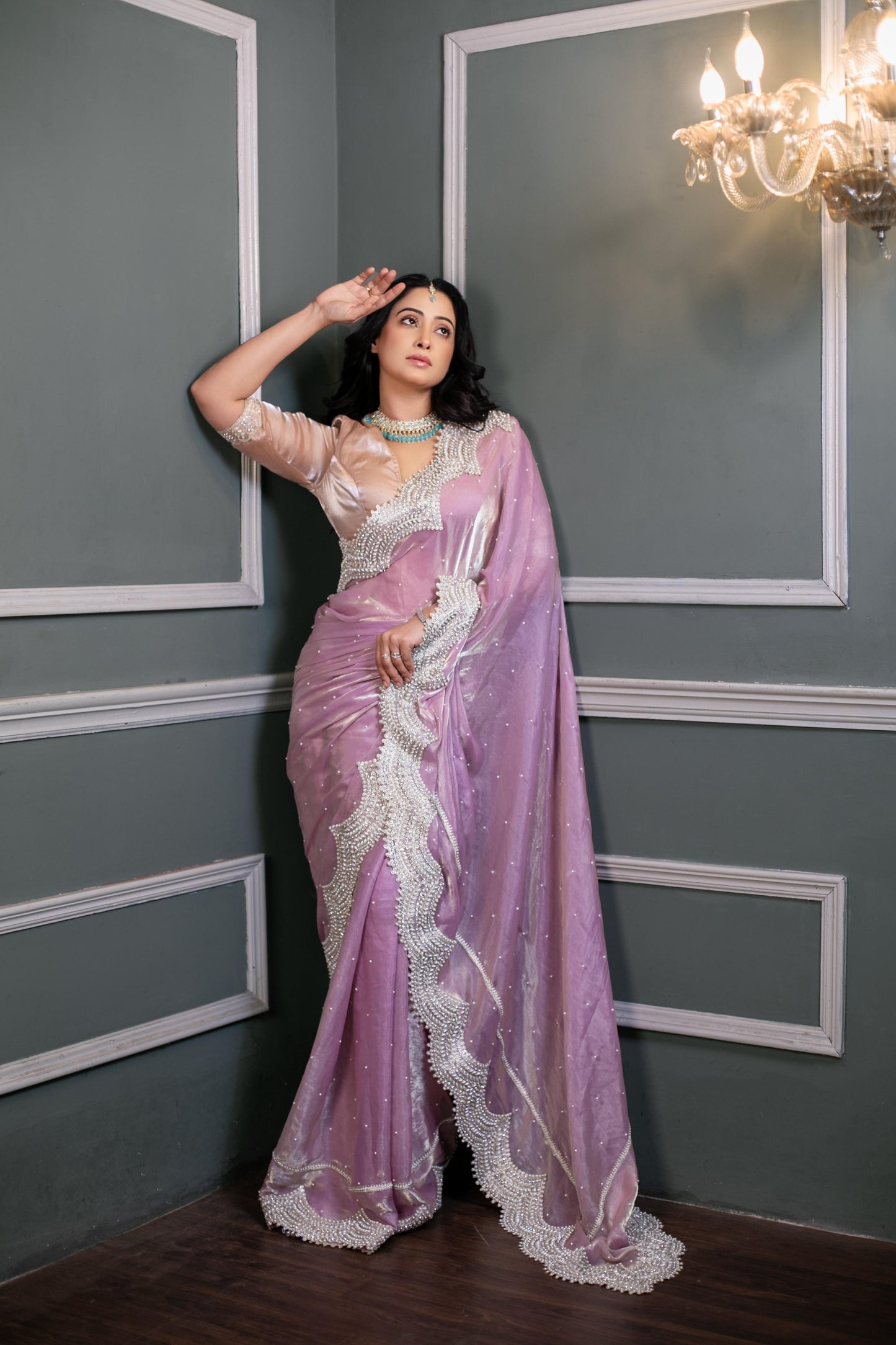 Lavender Moonlight Majesty – Premium Organza Saree with Handcrafted Pearl & Sequin Border