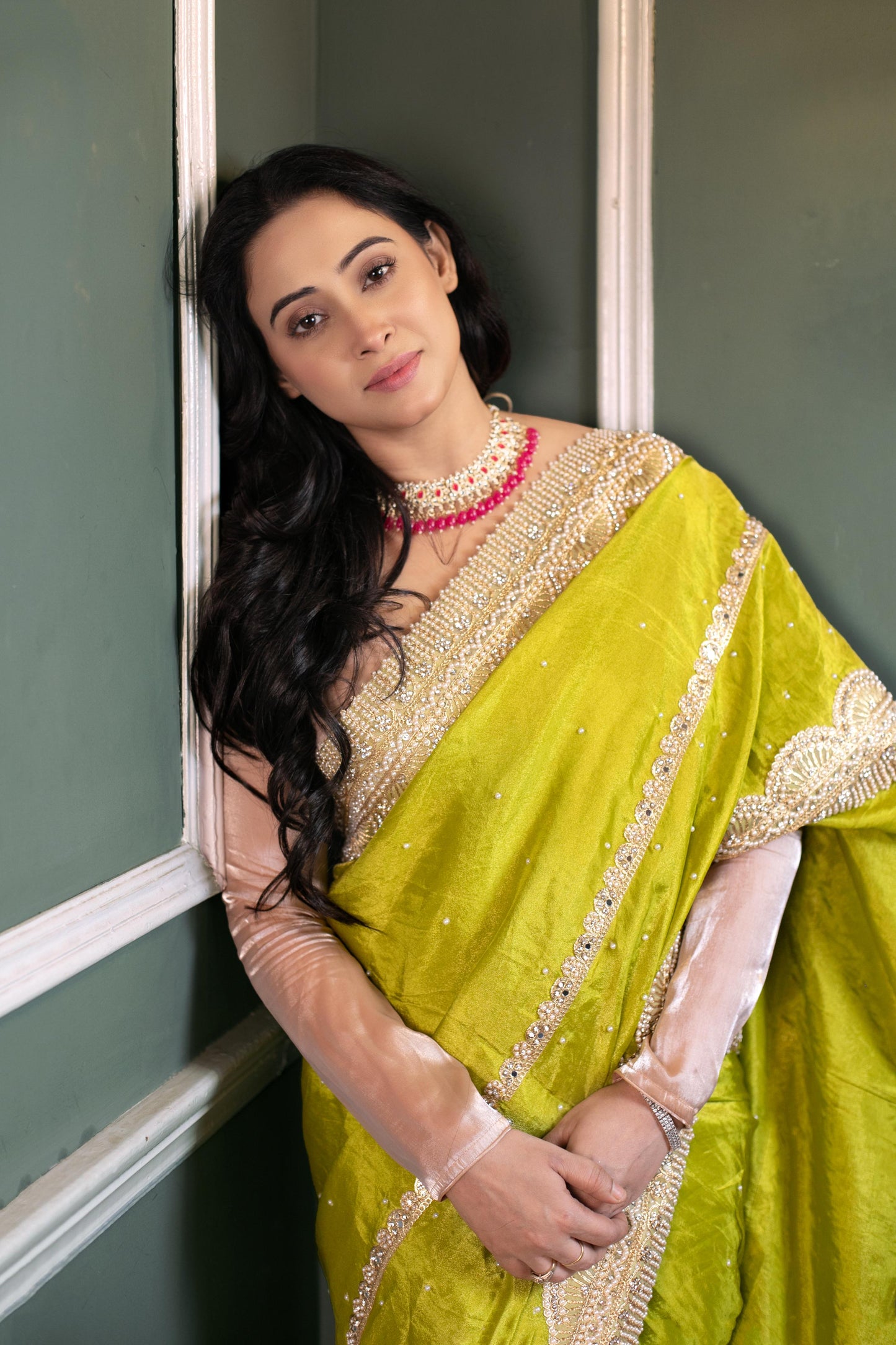 Lime Radiance Royale – Handcrafted Silk Saree with Luxe Beaded Detailing