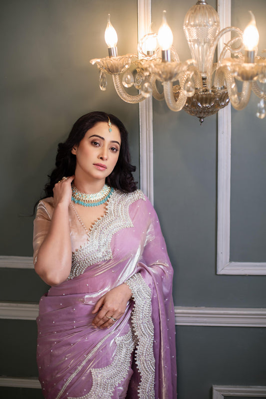 Lavender Moonlight Majesty – Premium Organza Saree with Handcrafted Pearl & Sequin Border