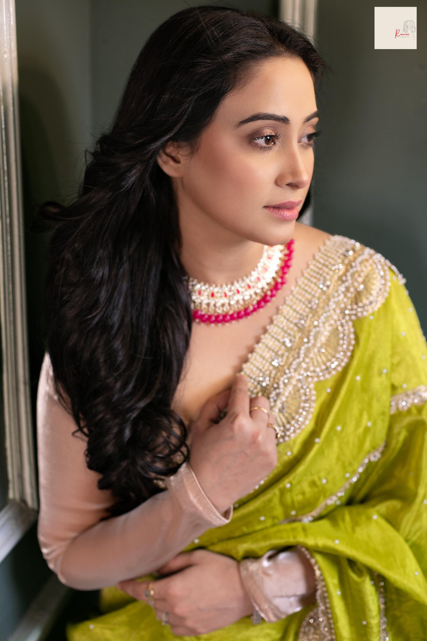 Lime Radiance Royale – Handcrafted Silk Saree with Luxe Beaded Detailing