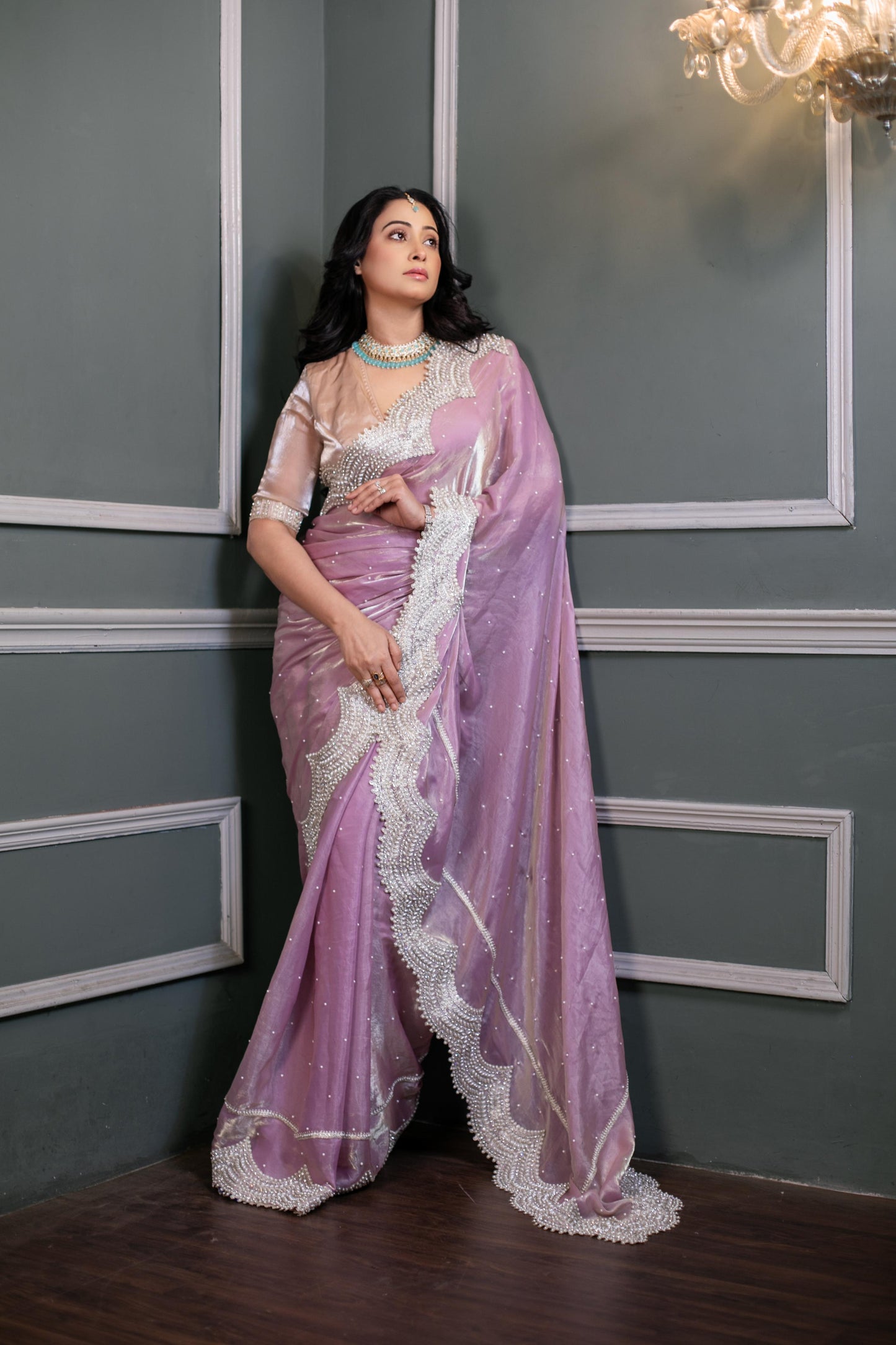 Lavender Moonlight Majesty – Premium Organza Saree with Handcrafted Pearl & Sequin Border