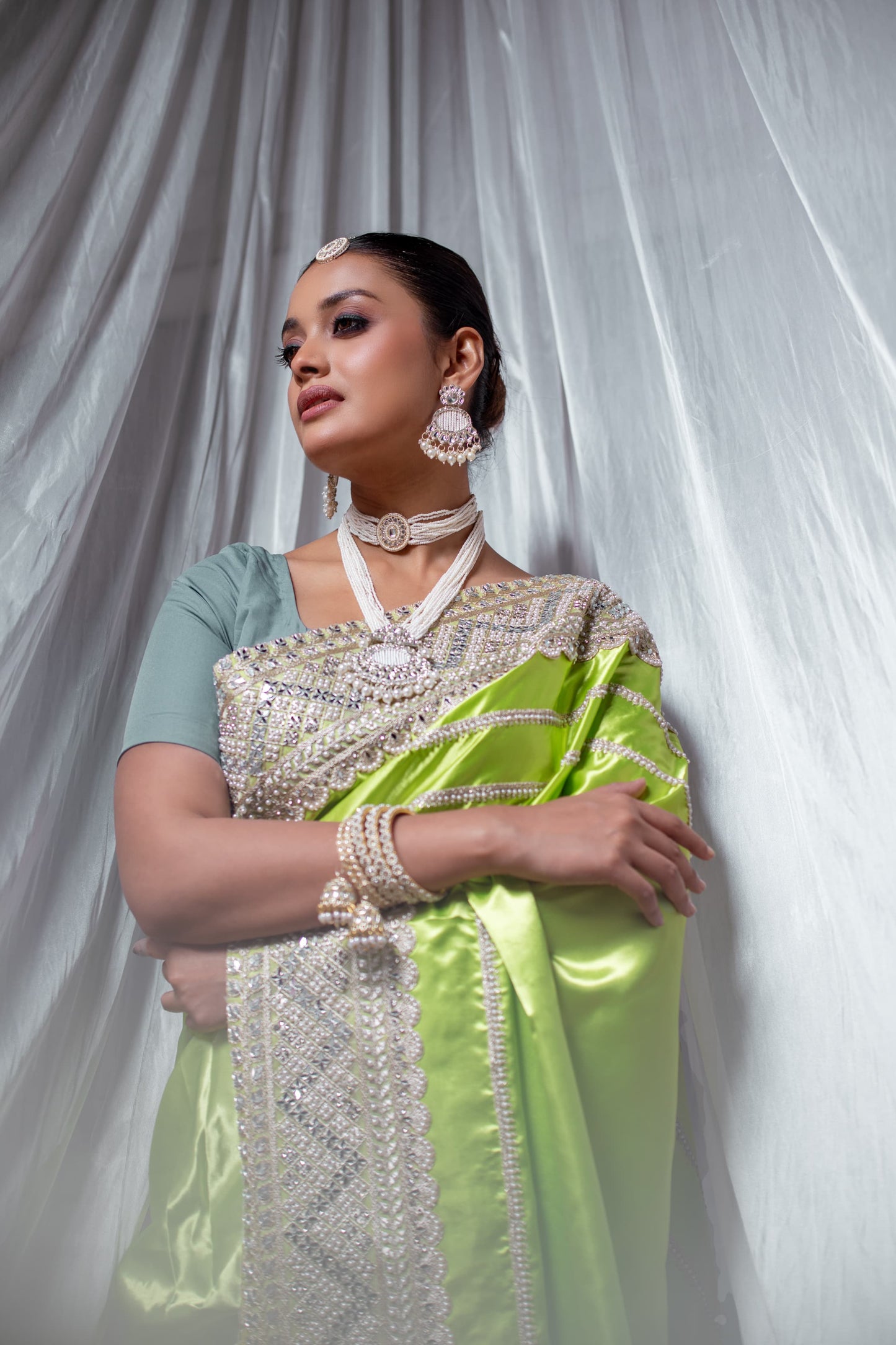 Luminous Lime Green Handcrafted Silk Saree with Intricate Embellishments
