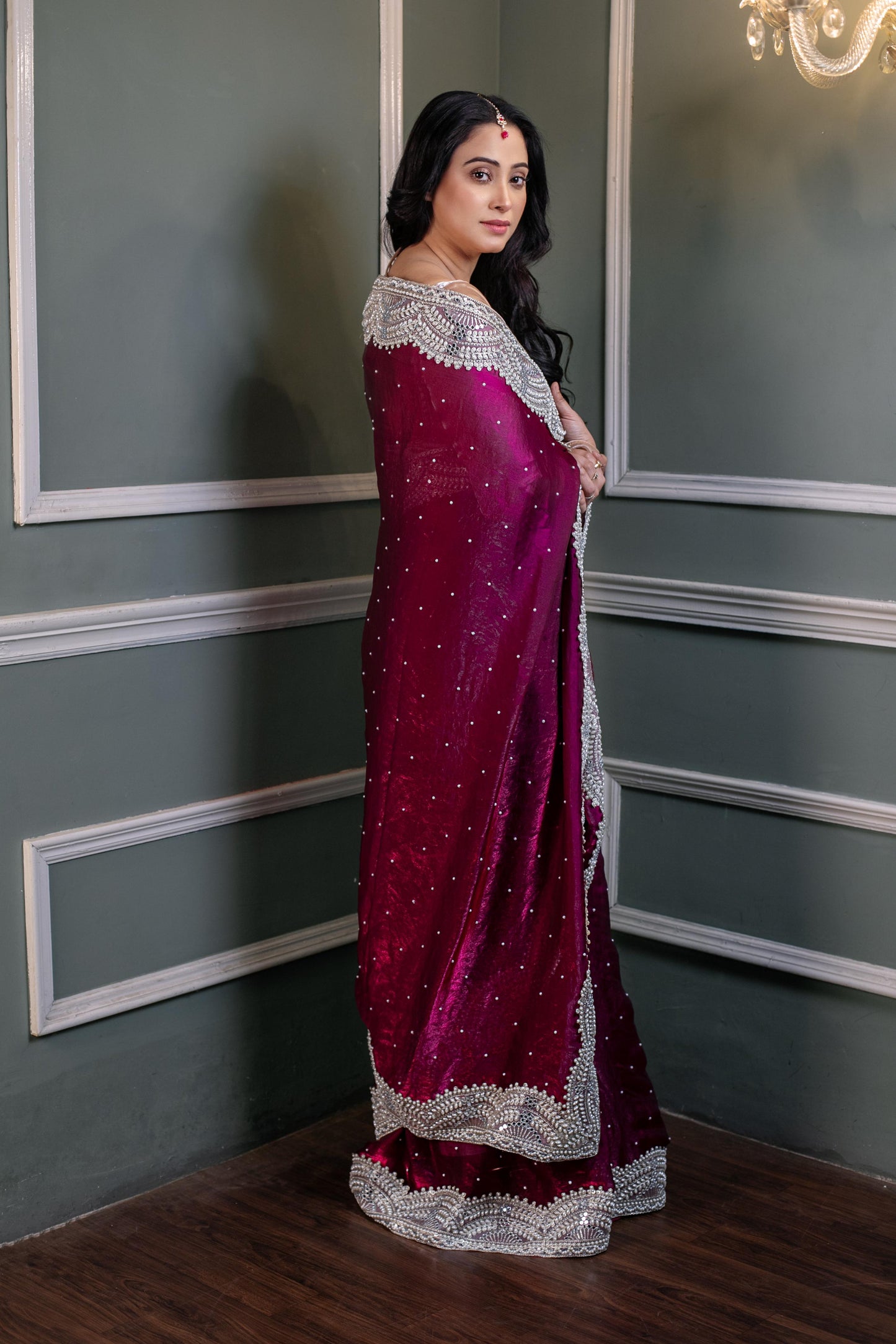 Royal Ruby Velvet – Handcrafted Saree with Silver Zardozi & Crystal Detailing
