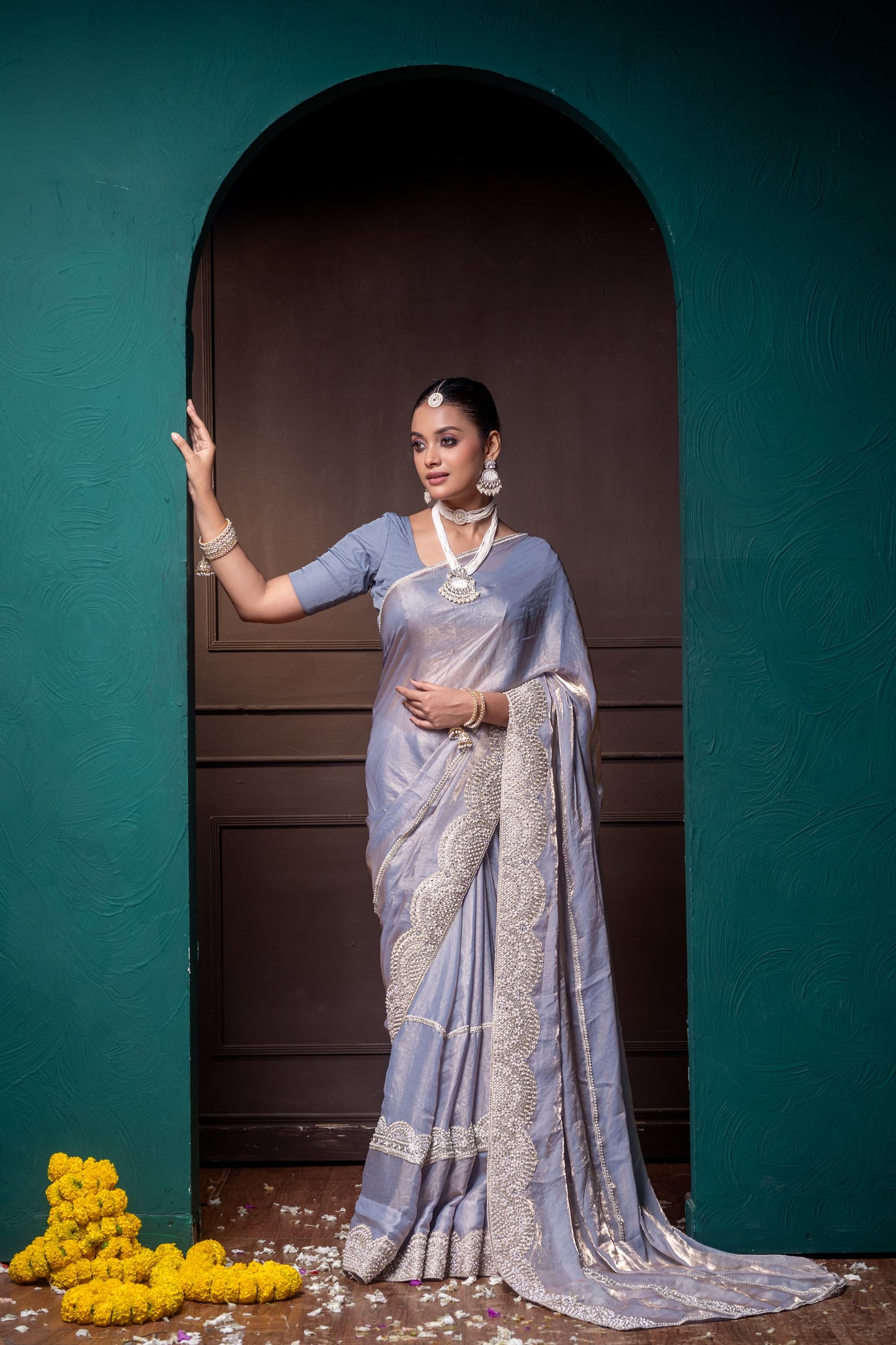 Regal Silver Elegance Handcrafted Silk Saree with Intricate Detailing