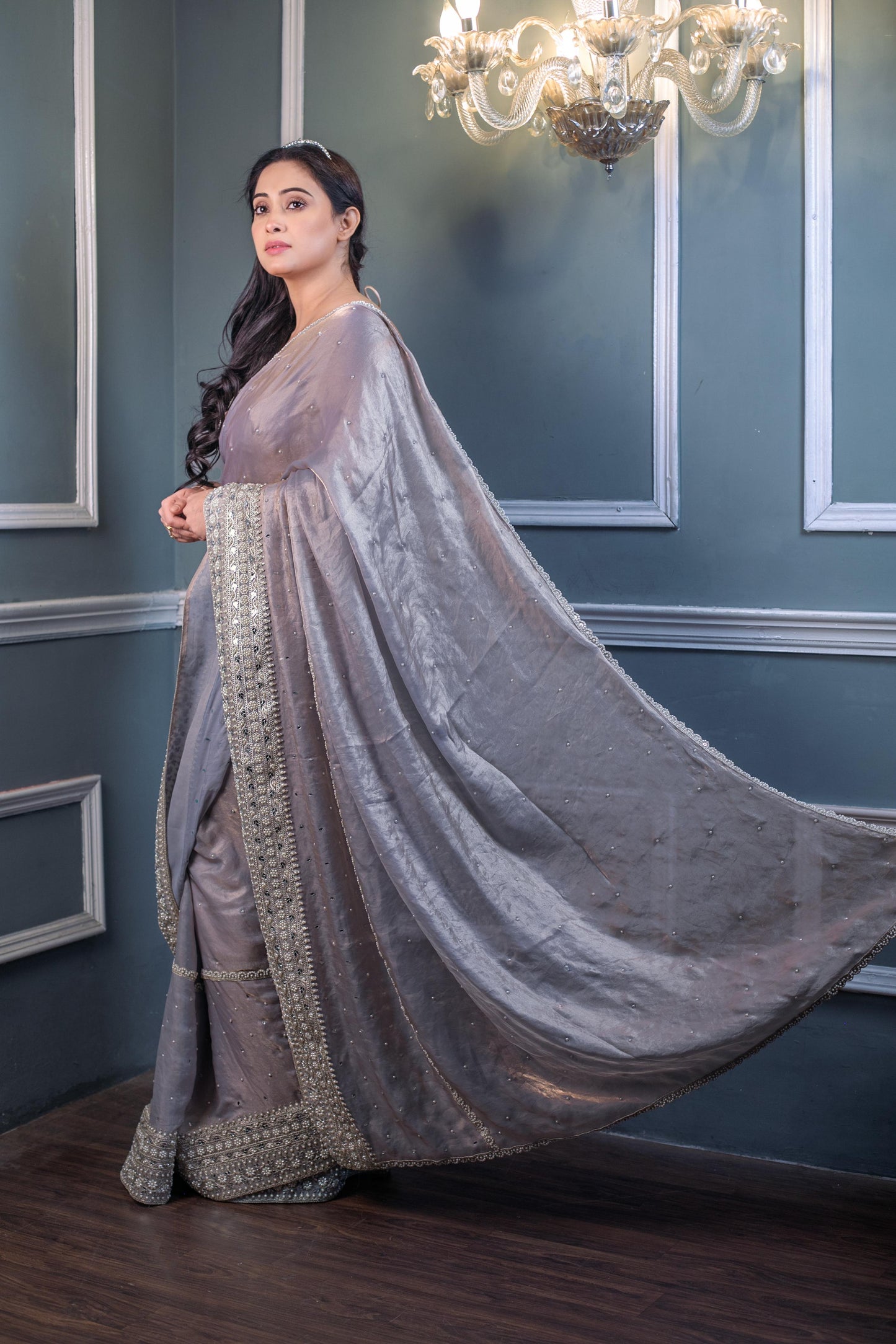 REGAL MOONLIGHT LAVENDER – Handcrafted Sequin & Pearl Embellished Silk Saree