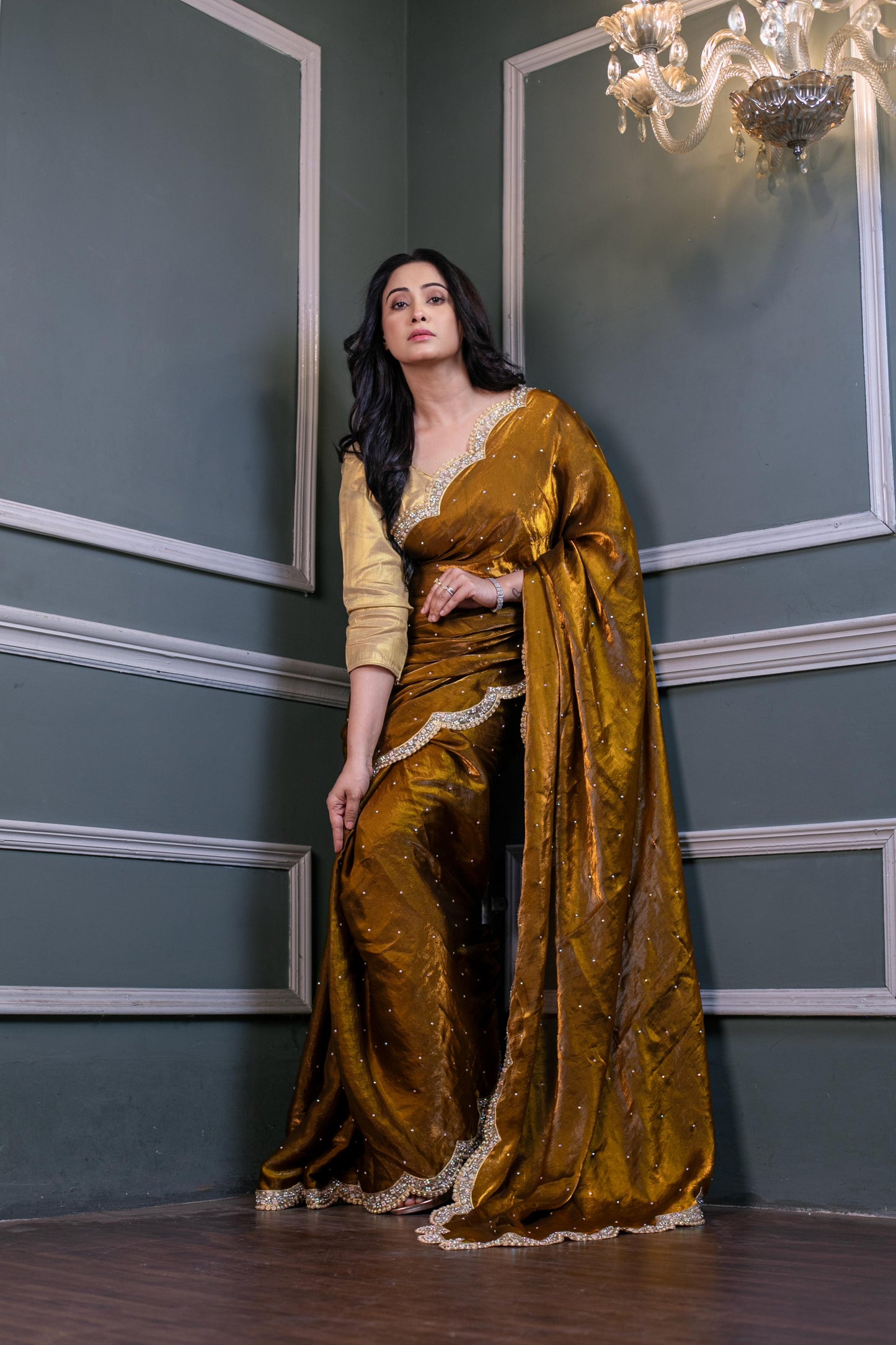 Regal Amber Luxe – Handcrafted Velvet Saree with Crystal Embellishments