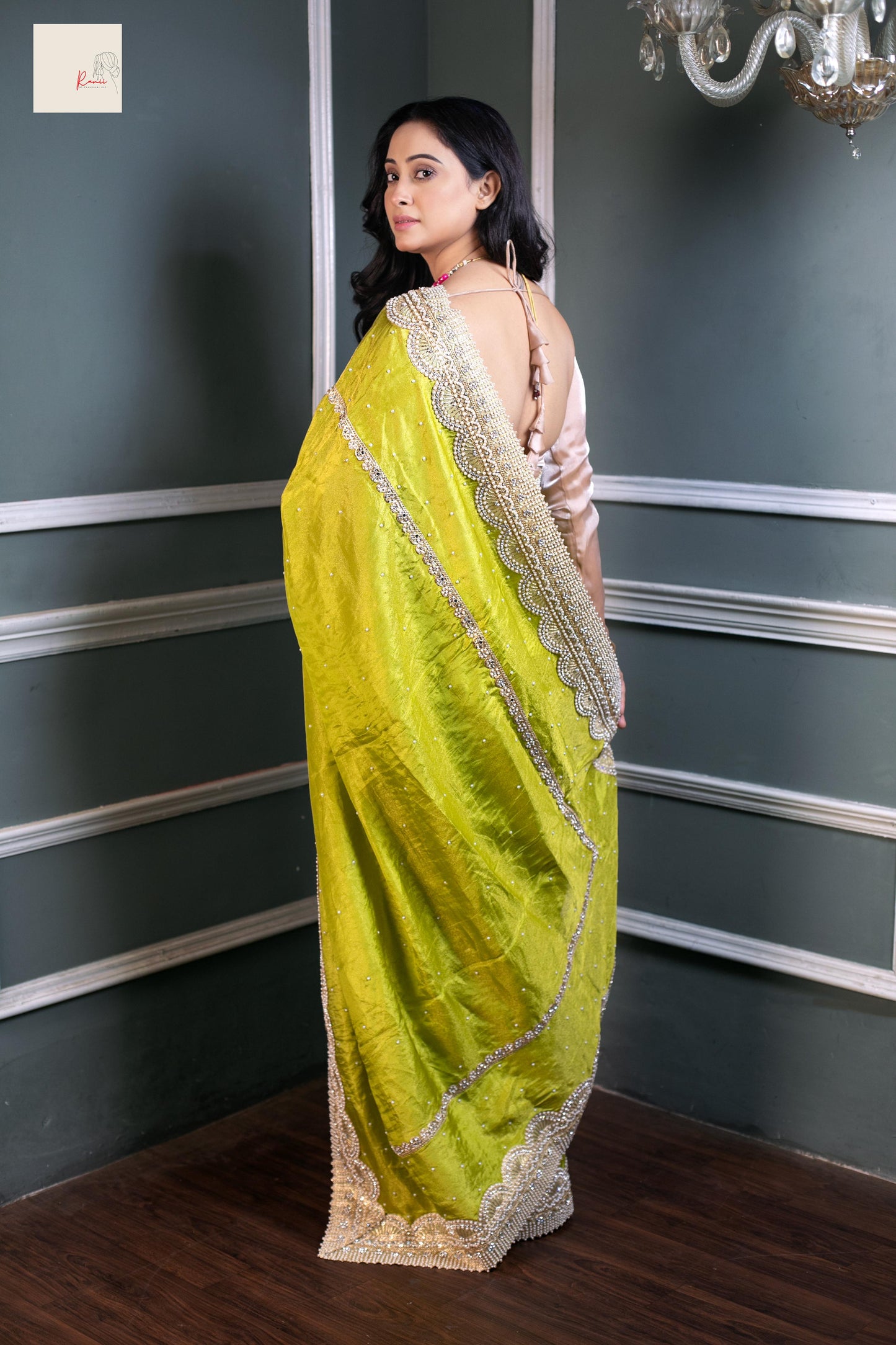 Lime Radiance Royale – Handcrafted Silk Saree with Luxe Beaded Detailing