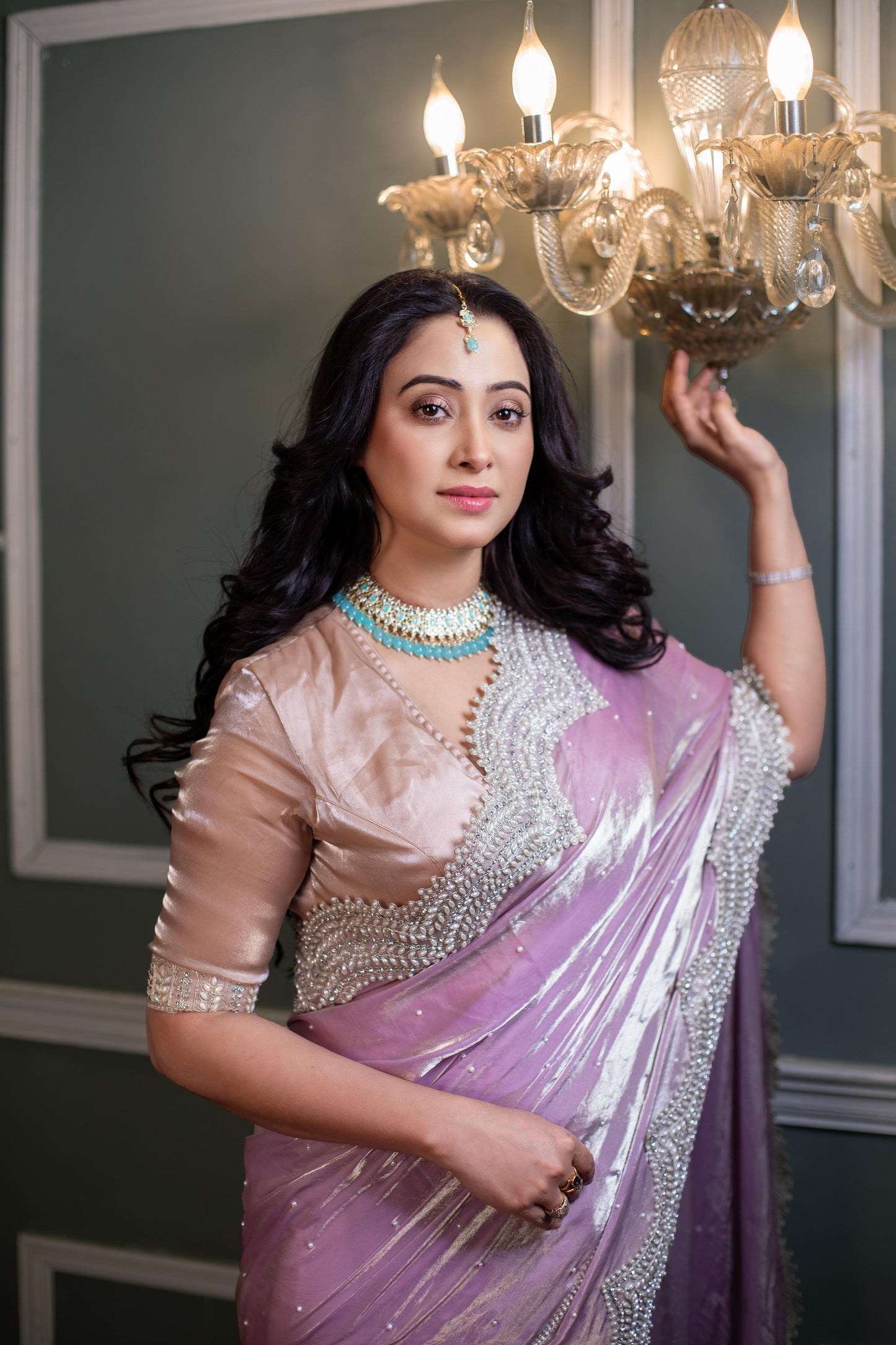 Lavender Moonlight Majesty – Premium Organza Saree with Handcrafted Pearl & Sequin Border