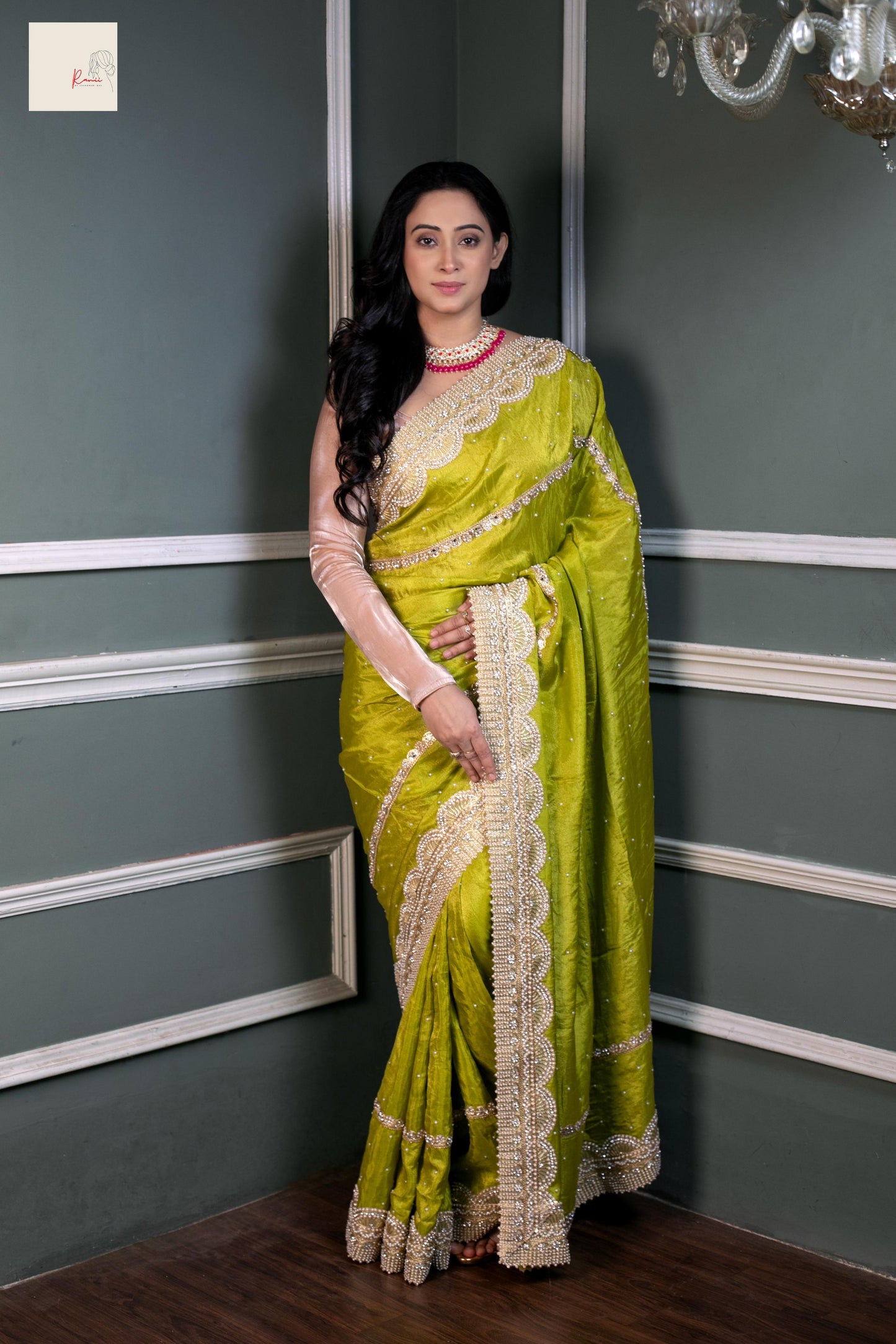Lime Radiance Royale – Handcrafted Silk Saree with Luxe Beaded Detailing