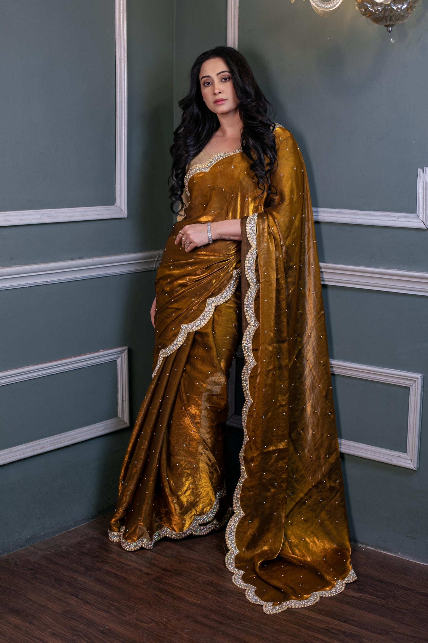 Regal Amber Luxe – Handcrafted Velvet Saree with Crystal Embellishments