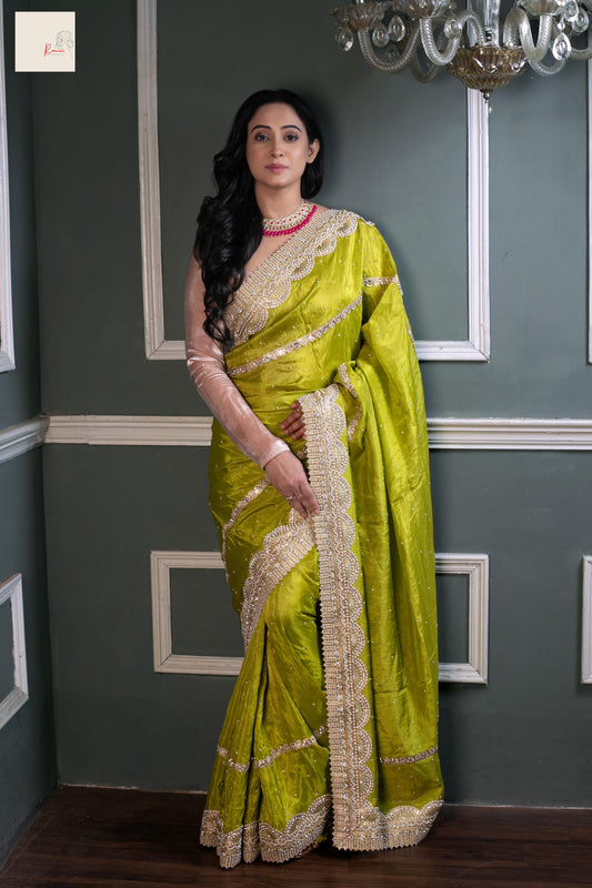 Lime Radiance Royale – Handcrafted Silk Saree with Luxe Beaded Detailing