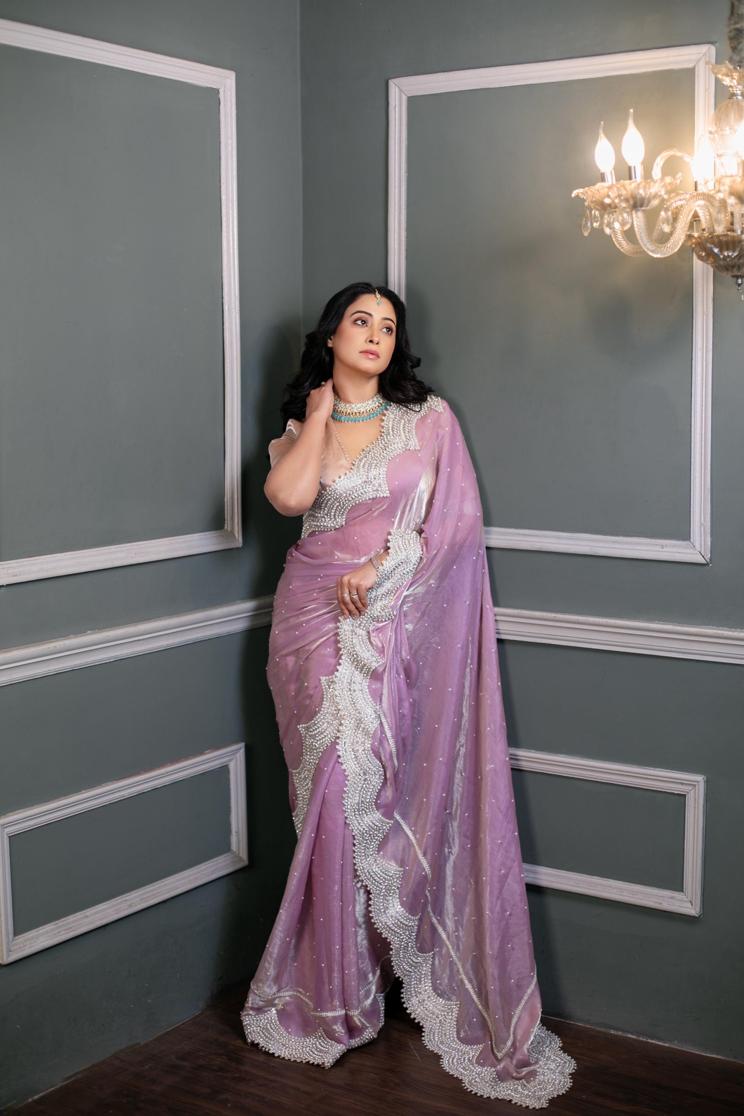 Lavender Moonlight Majesty – Premium Organza Saree with Handcrafted Pearl & Sequin Border