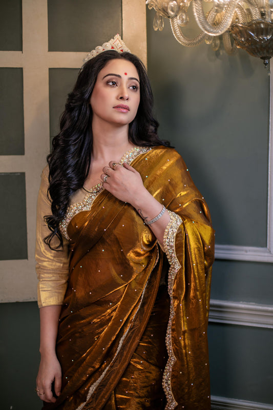 Regal Amber Luxe – Handcrafted Velvet Saree with Crystal Embellishments