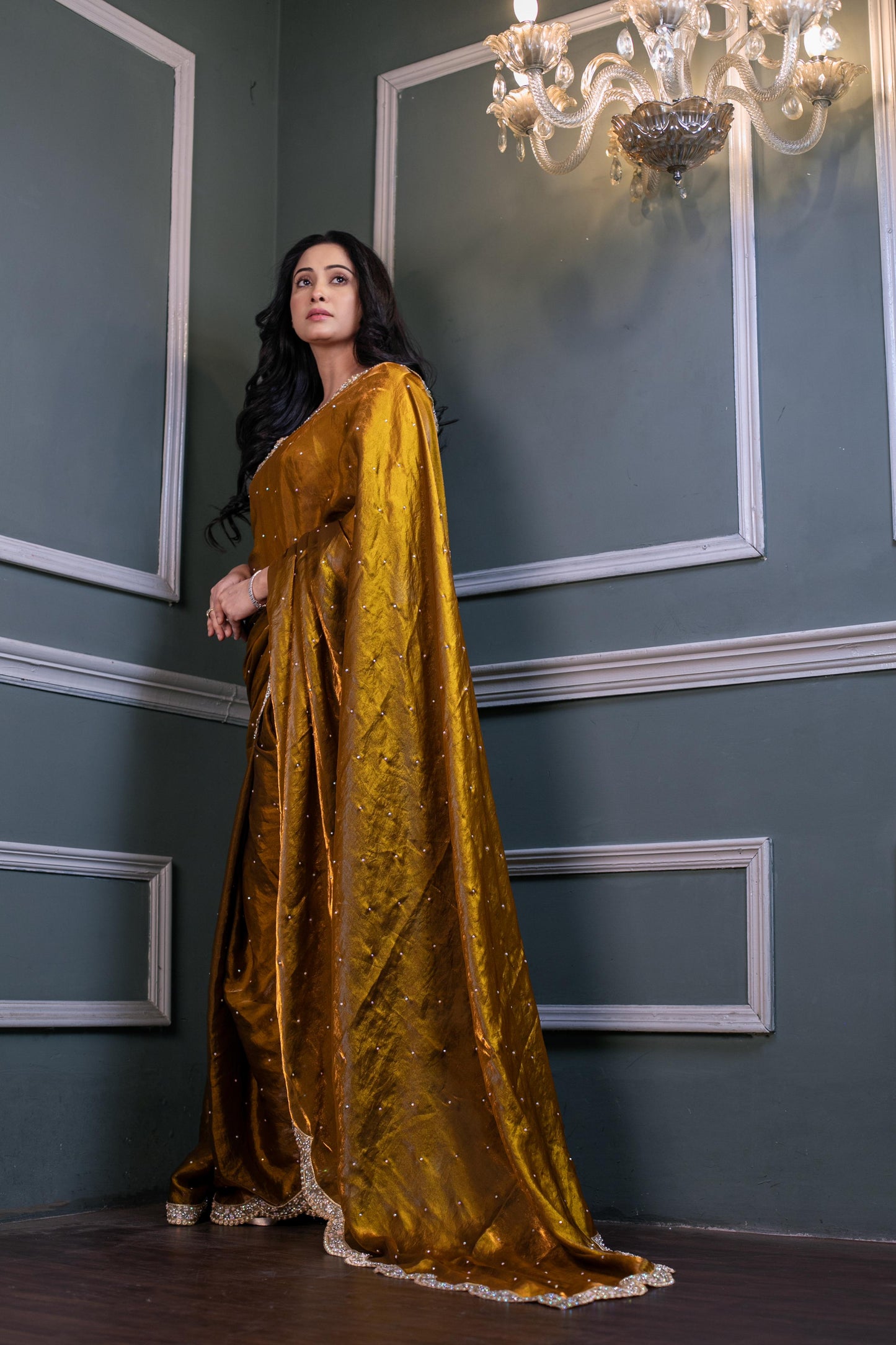 Regal Amber Luxe – Handcrafted Velvet Saree with Crystal Embellishments