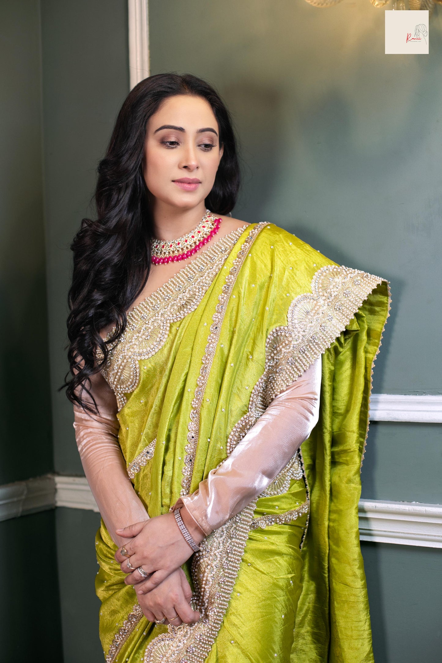 Lime Radiance Royale – Handcrafted Silk Saree with Luxe Beaded Detailing