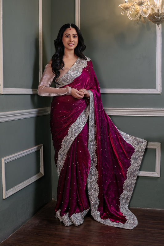 Royal Ruby Velvet – Handcrafted Saree with Silver Zardozi & Crystal Detailing