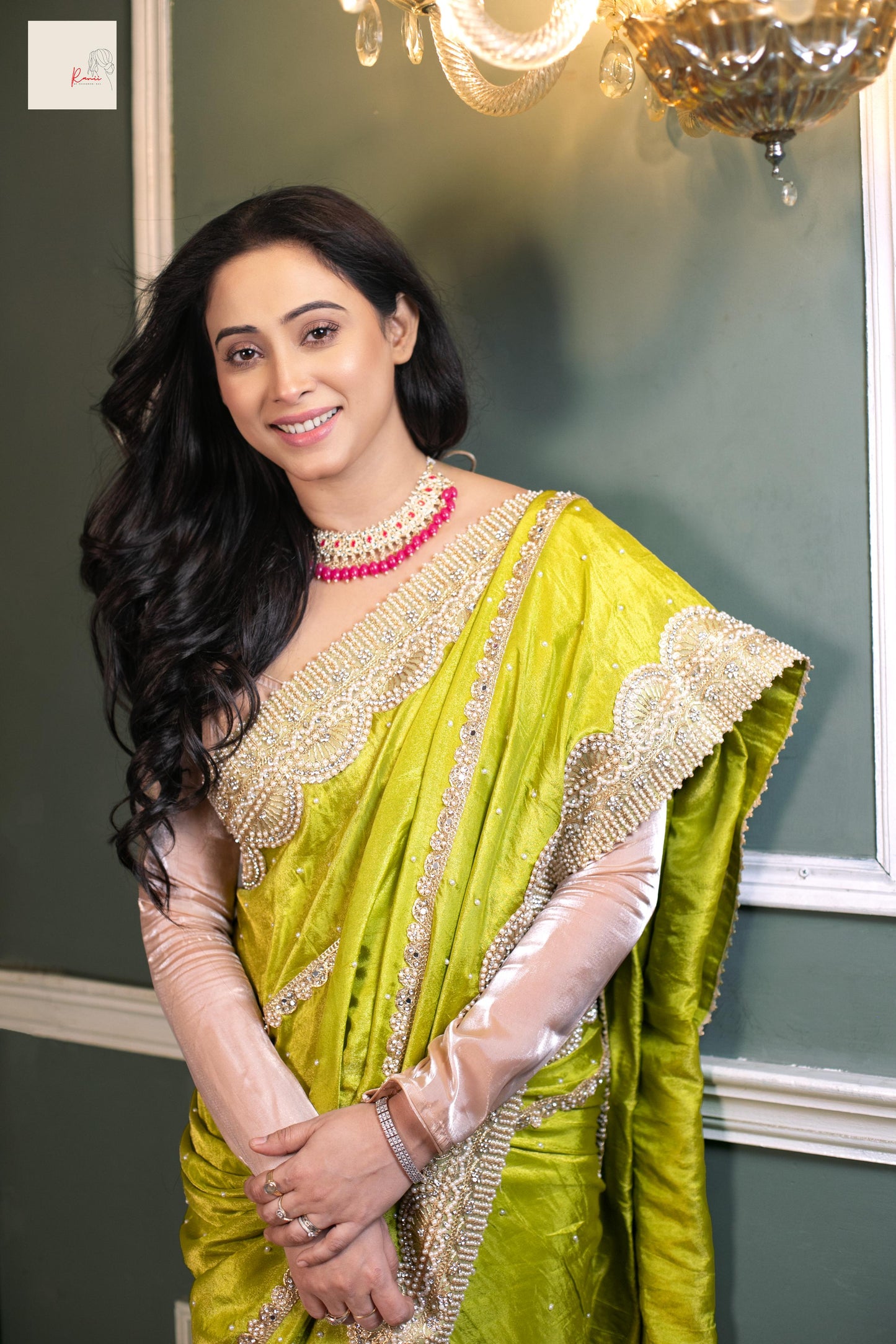 Lime Radiance Royale – Handcrafted Silk Saree with Luxe Beaded Detailing