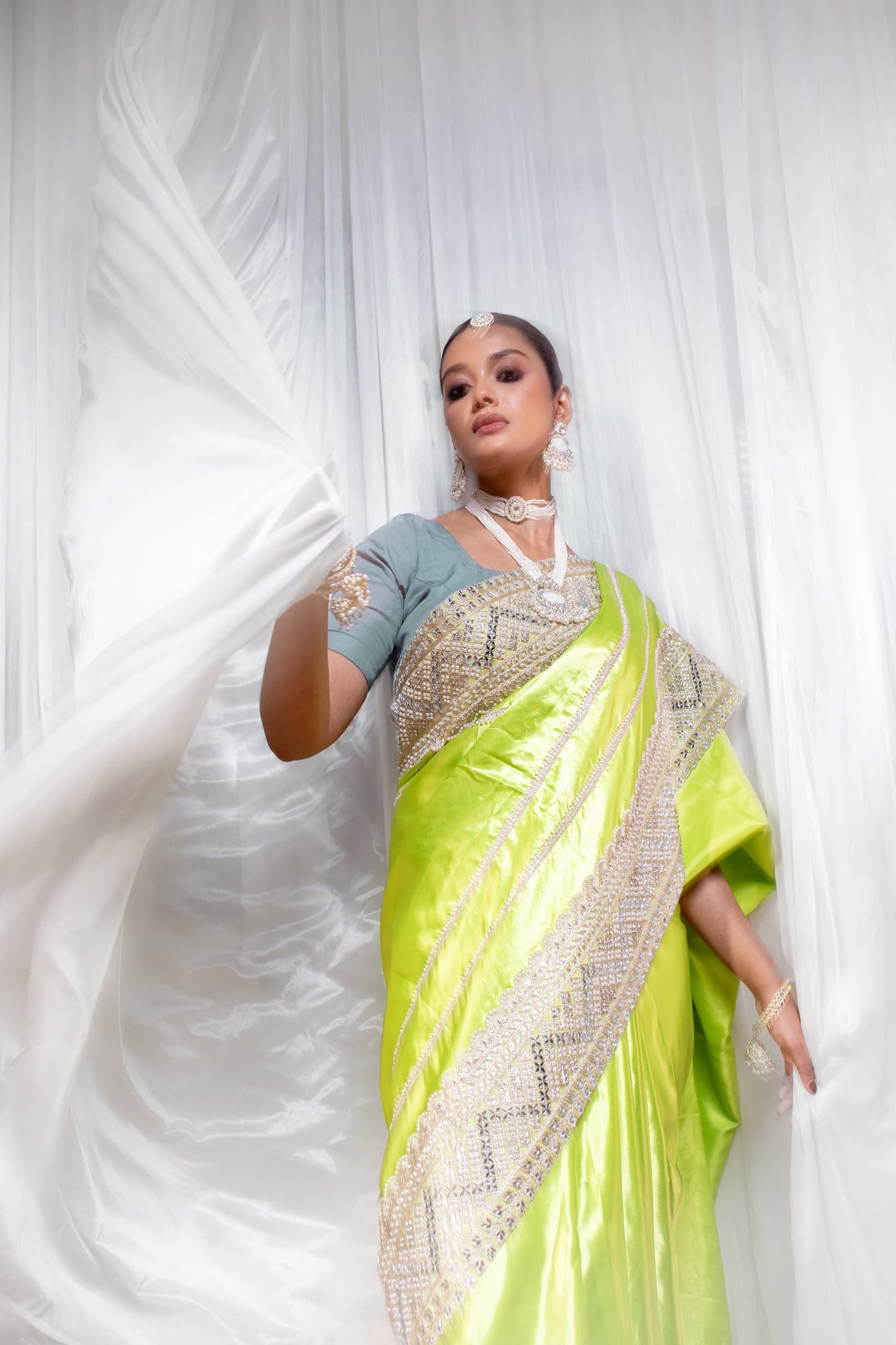 Luminous Lime Green Handcrafted Silk Saree with Intricate Embellishments