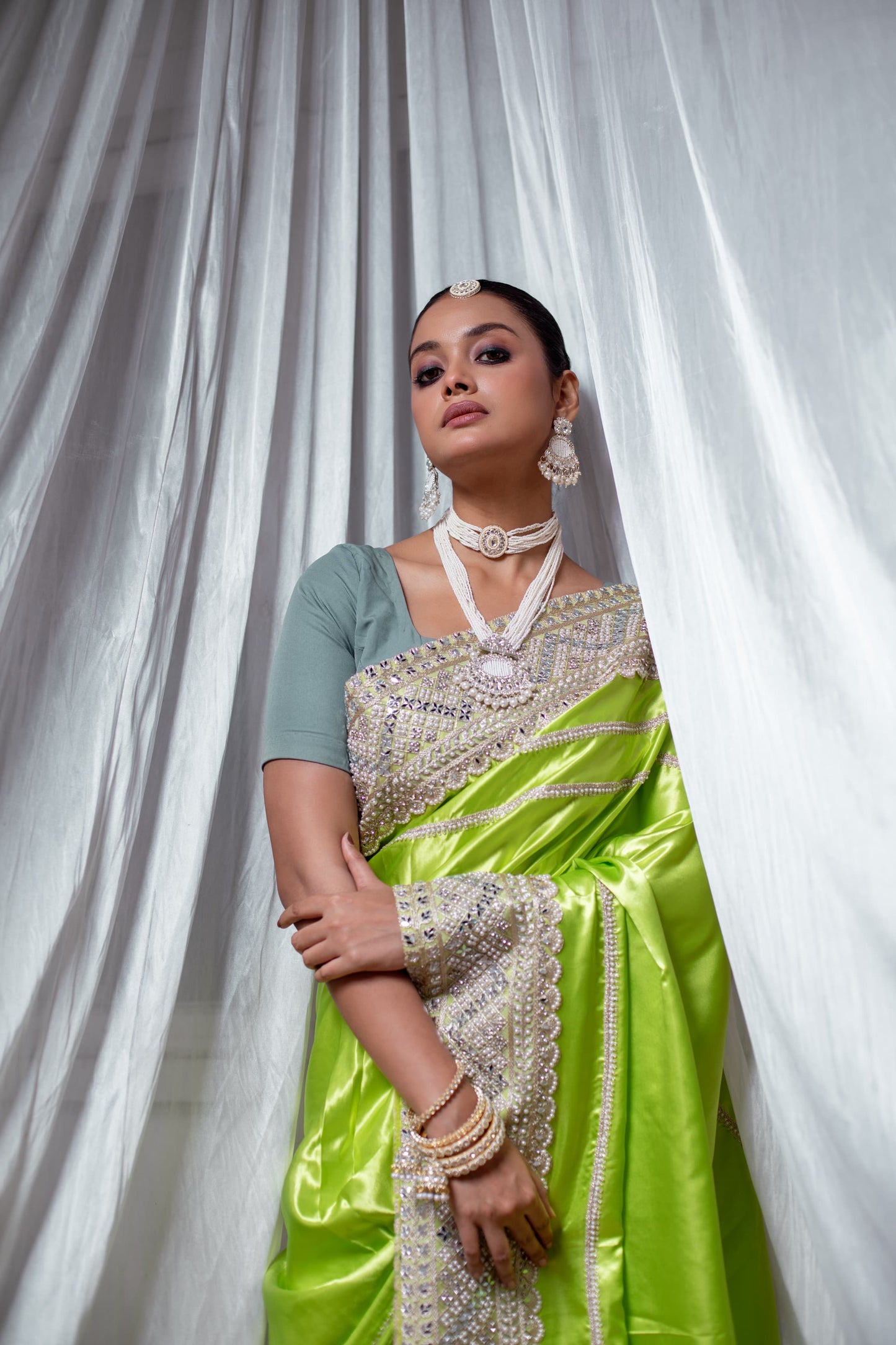 Luminous Lime Green Handcrafted Silk Saree with Intricate Embellishments