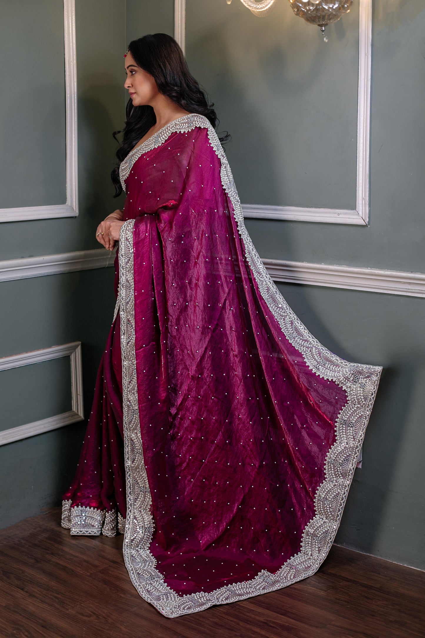 Royal Ruby Velvet – Handcrafted Saree with Silver Zardozi & Crystal Detailing